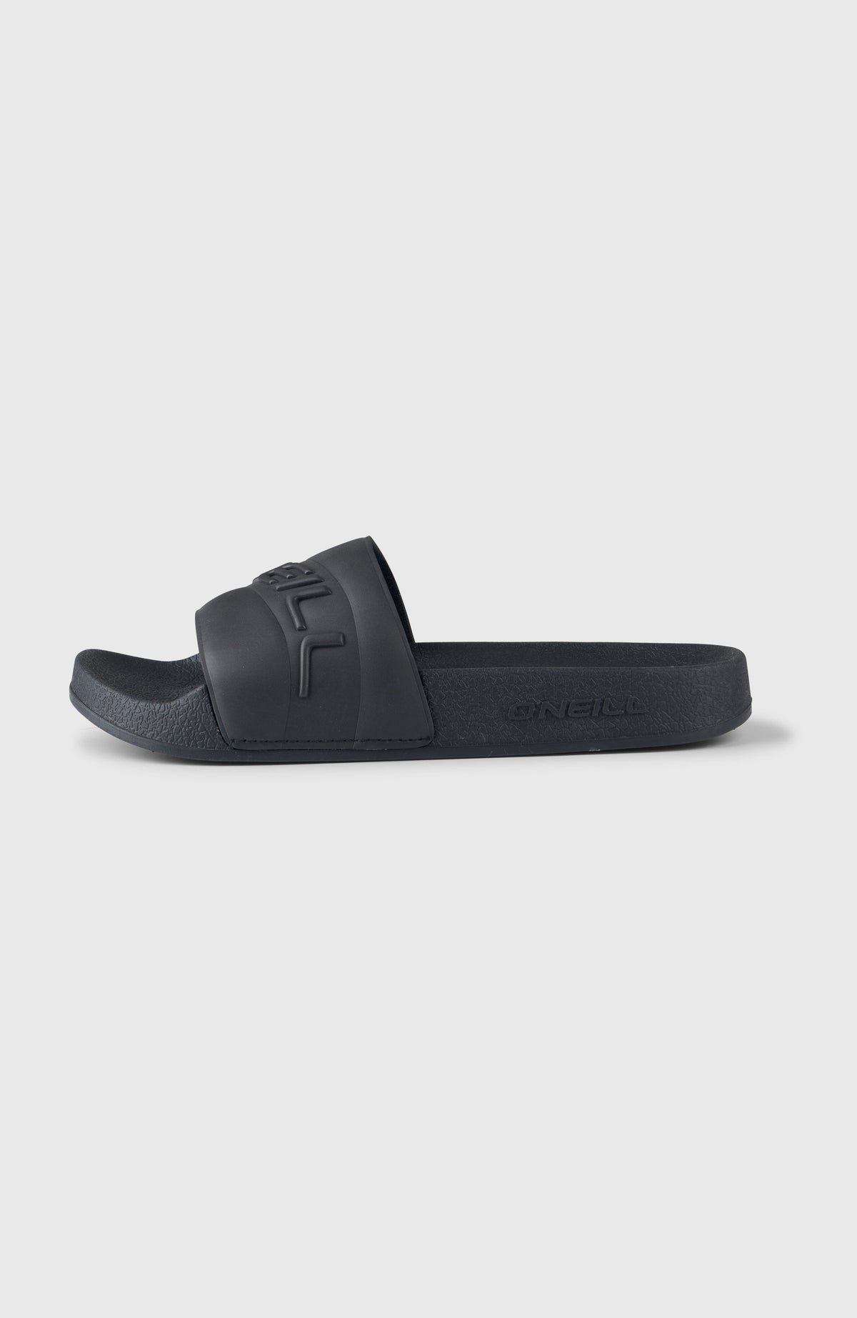 Embossed Slides für Damen, schwarz, Einzelschuh freigestellt in der Seitenansicht