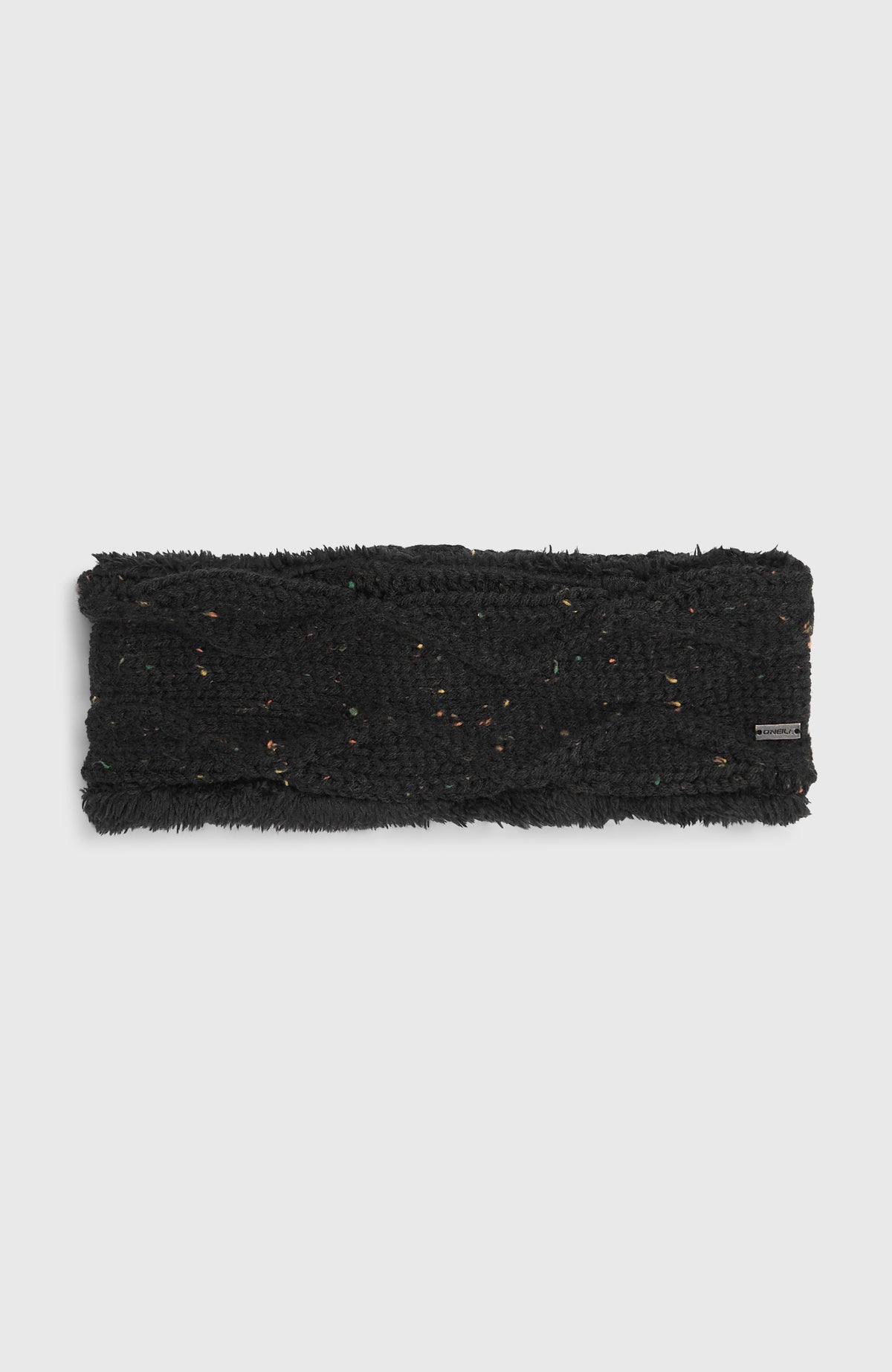 O'Neill Nora Stirnband für Damen, schwarz, flach liegend von vorne, feine Strickstruktur mit kleinem Logo-Emblem