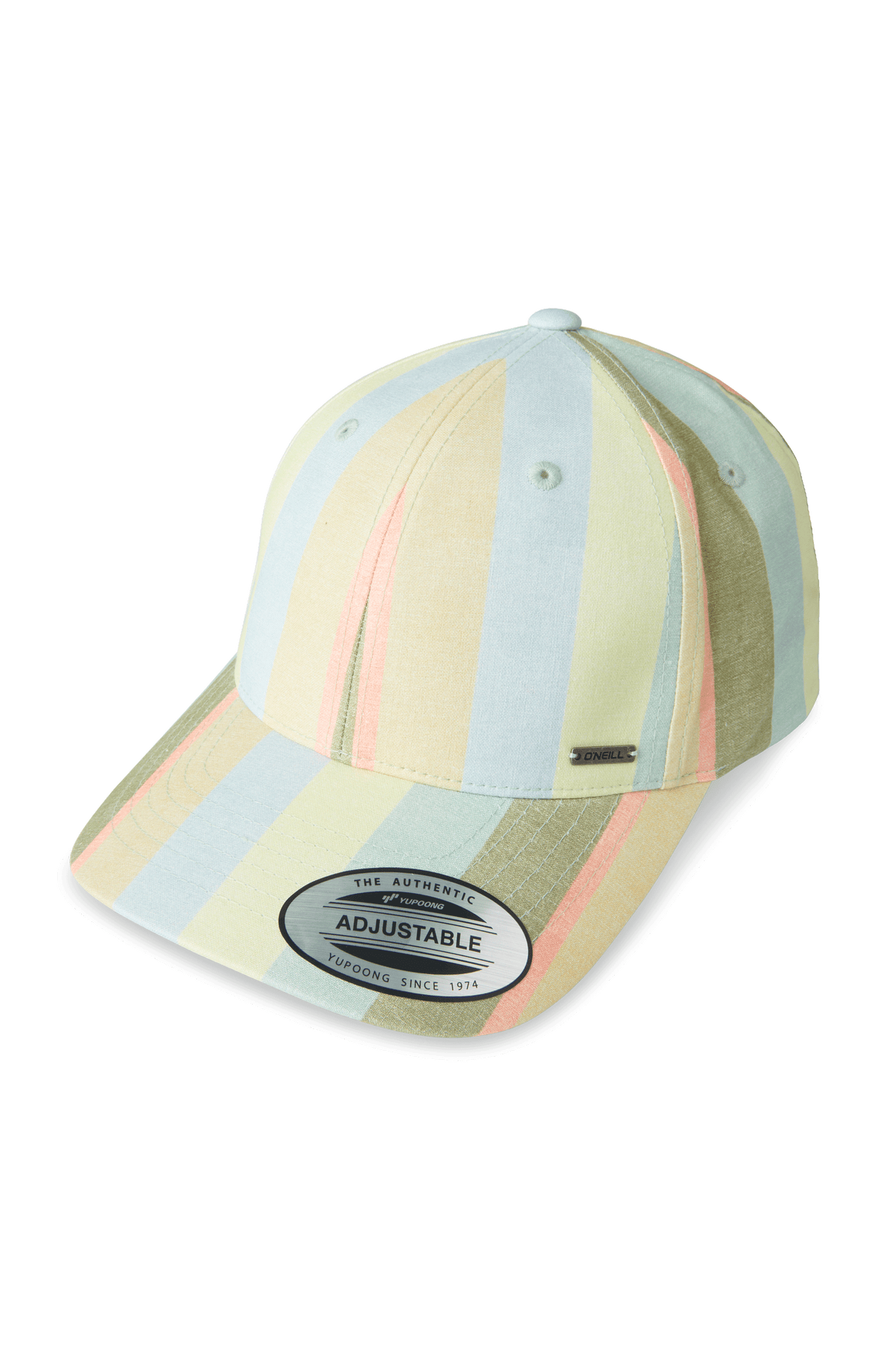 Seacoast Cap für Damen, gelb mit Streifenmuster in Blau und Grün, Schirm mit Logo-Sticker