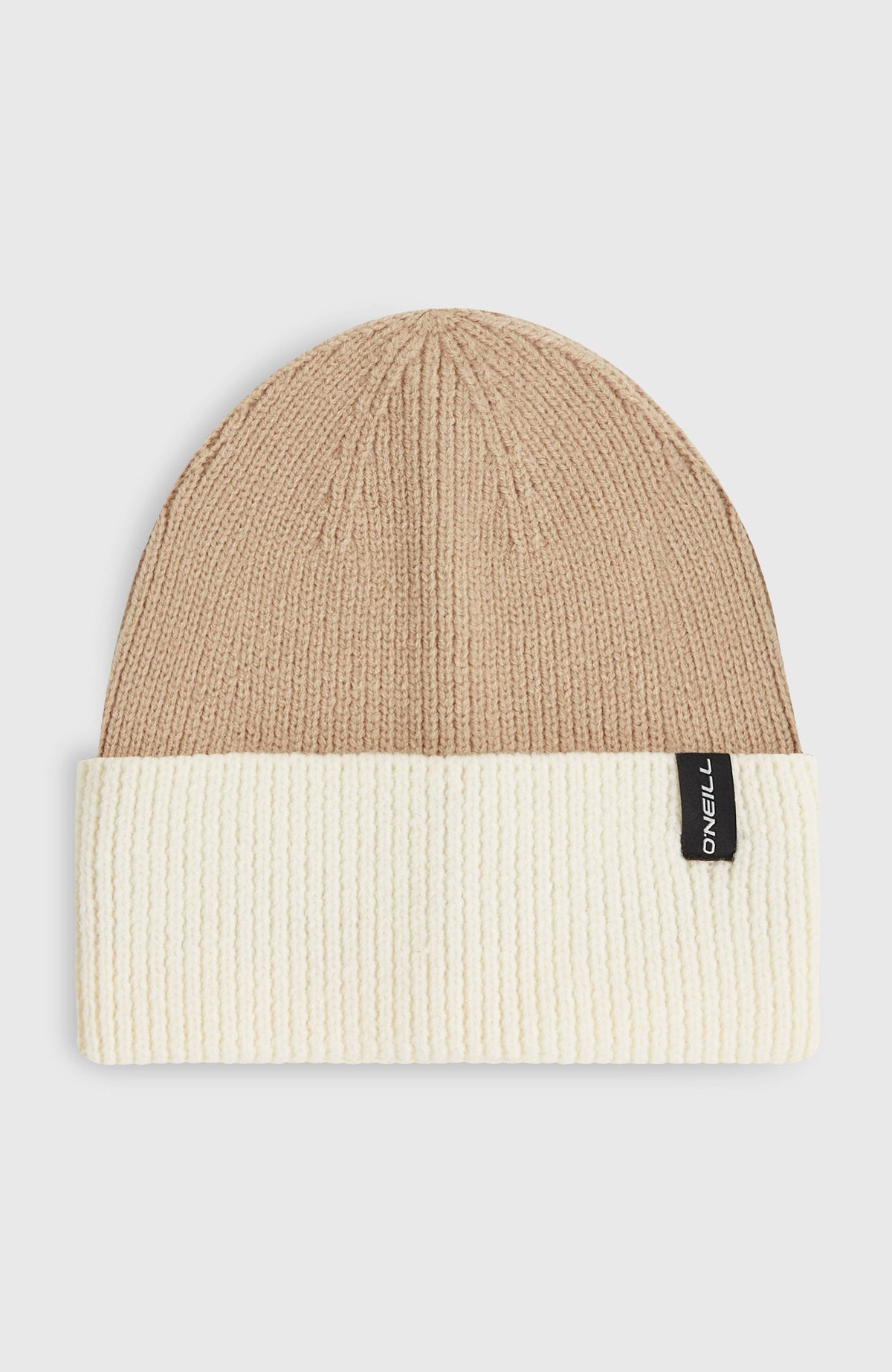 O'Neill FWC'Cruz Colourblock Beanie für Damen, beige, freigestellt von vorne, breiter Umschlag mit Logo-Label