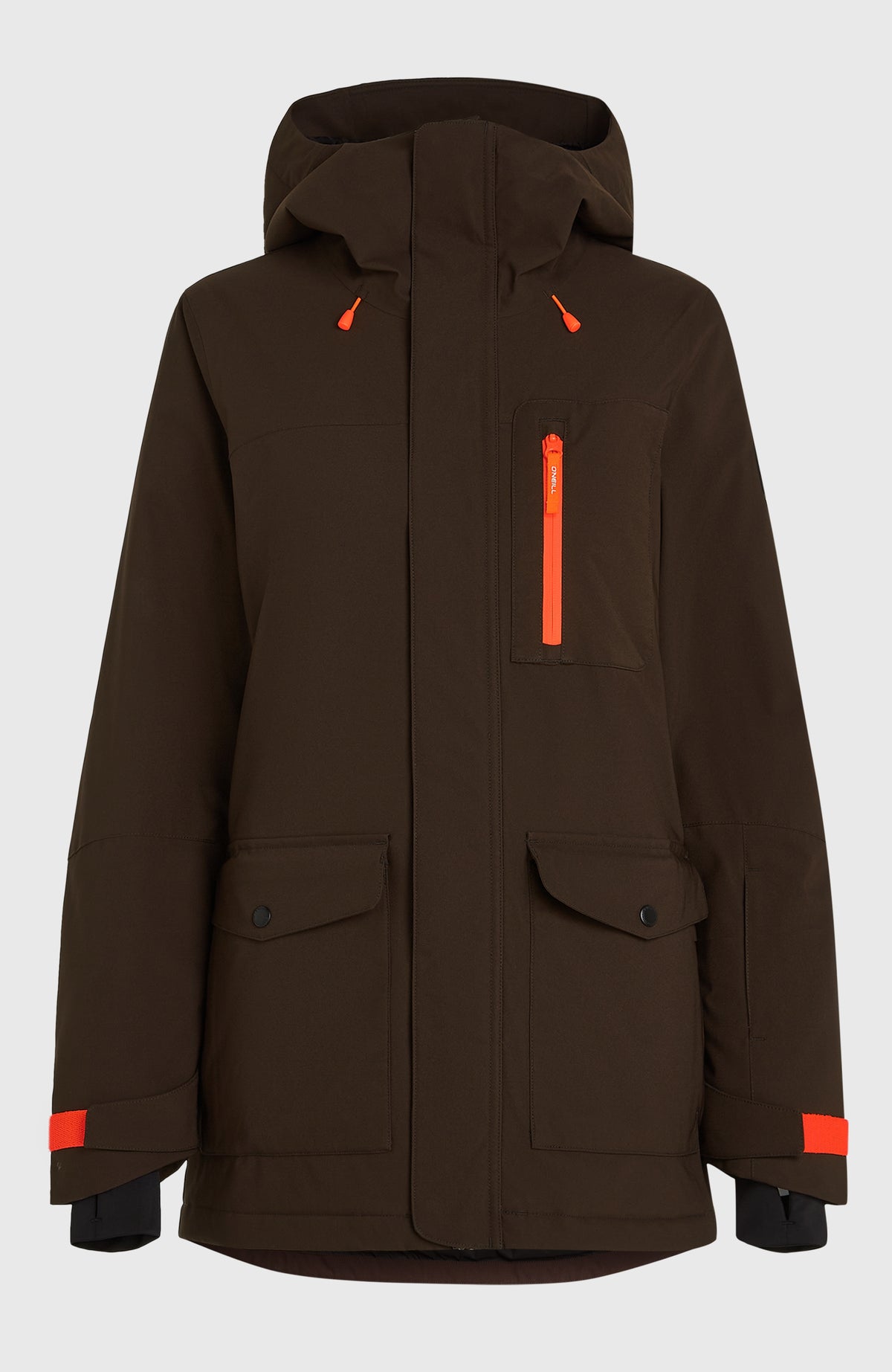 Braune FWC'Peak Skijacke für Damen, freigestellt von vorne mit Kapuze und Taschen