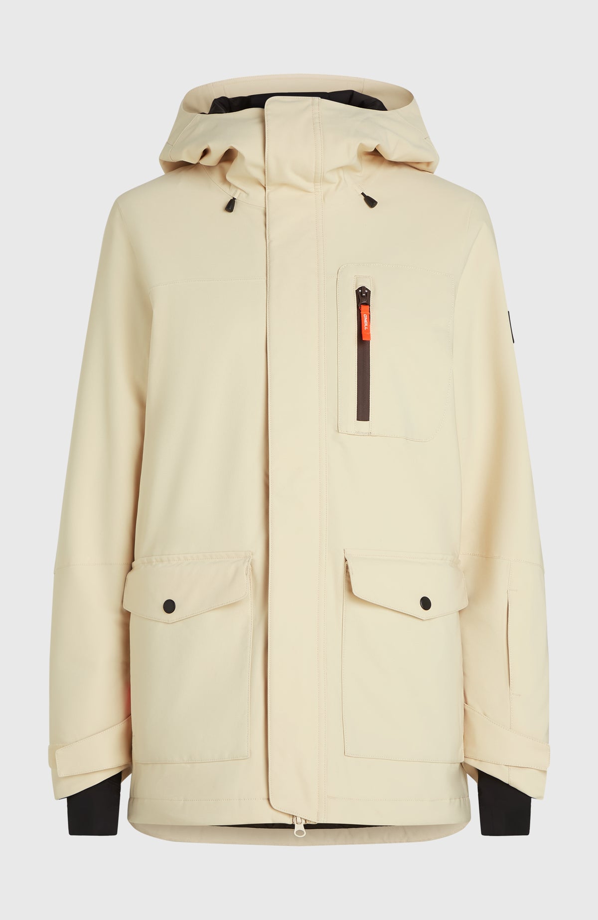 FWC'Peak Skijacke für Damen, beige, freigestellt von vorne mit Kapuze und Taschen