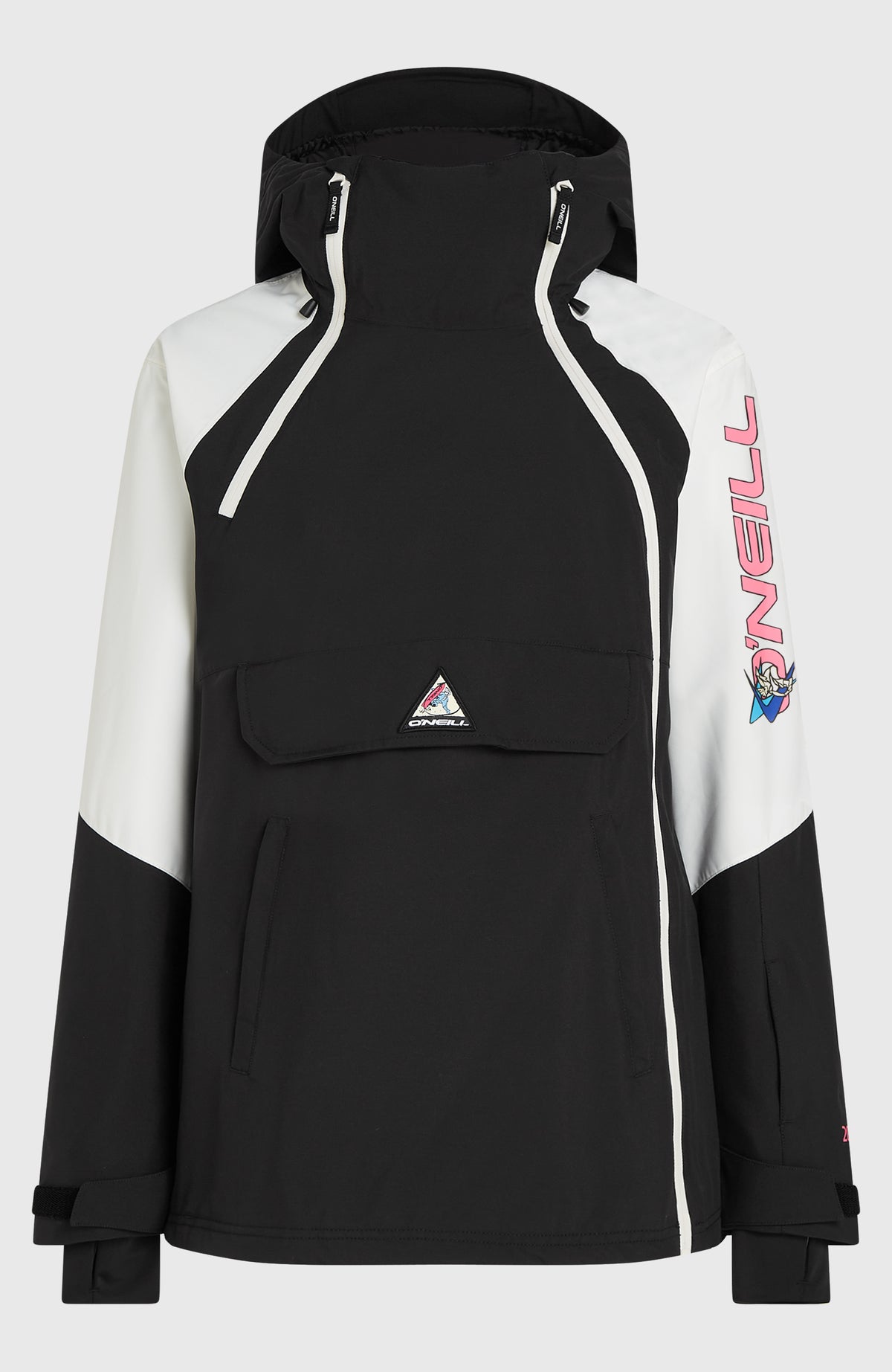 FWC'Play Asymmetric Ski- und Snowboardjacke für Damen, schwarz, freigestellt von vorne mit Kängurutasche