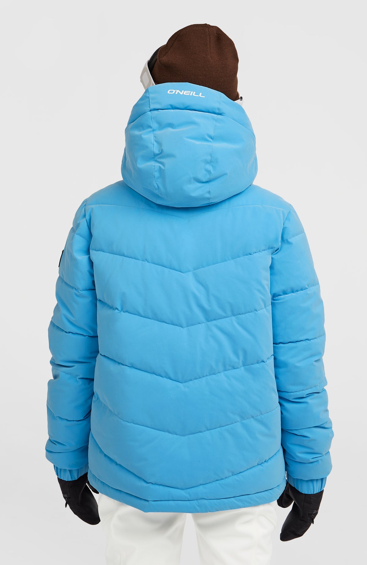 Gesteppte FWC'Cruz Hybrid-Skijacke für Damen in Blau, getragen am Model, Rückansicht mit Kapuze