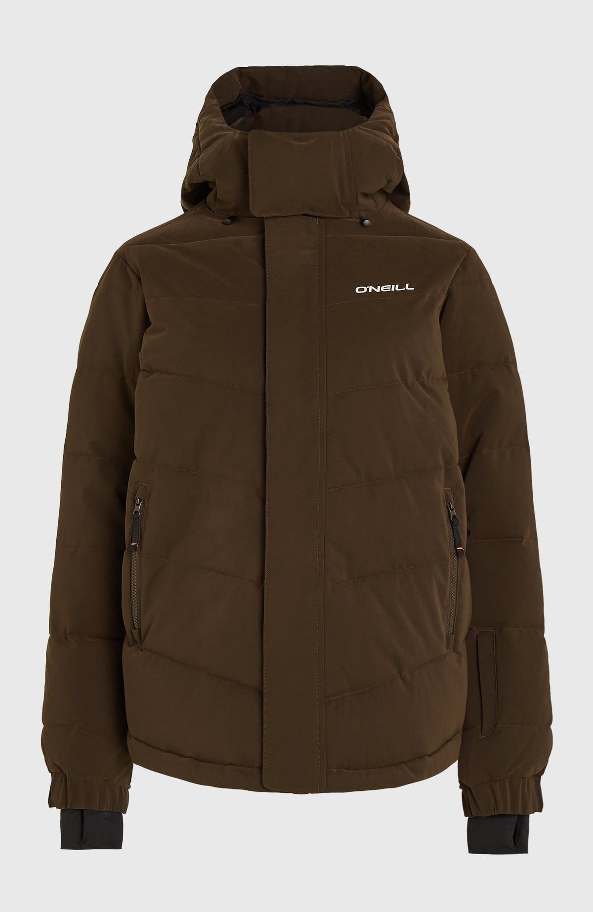 Gesteppte FWC'Cruz Hybrid-Skijacke für Damen, braun, freigestellt von vorne mit Kapuze und Steppung