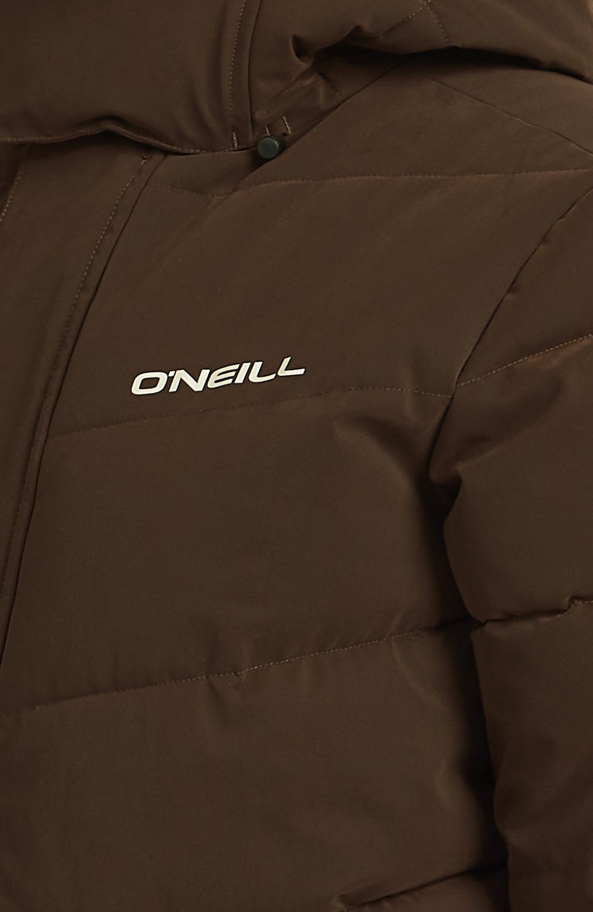 Gesteppte FWC'Cruz Hybrid-Skijacke für Damen, braun, Nahaufnahme des weißen Logo-Prints auf der Vorderseite