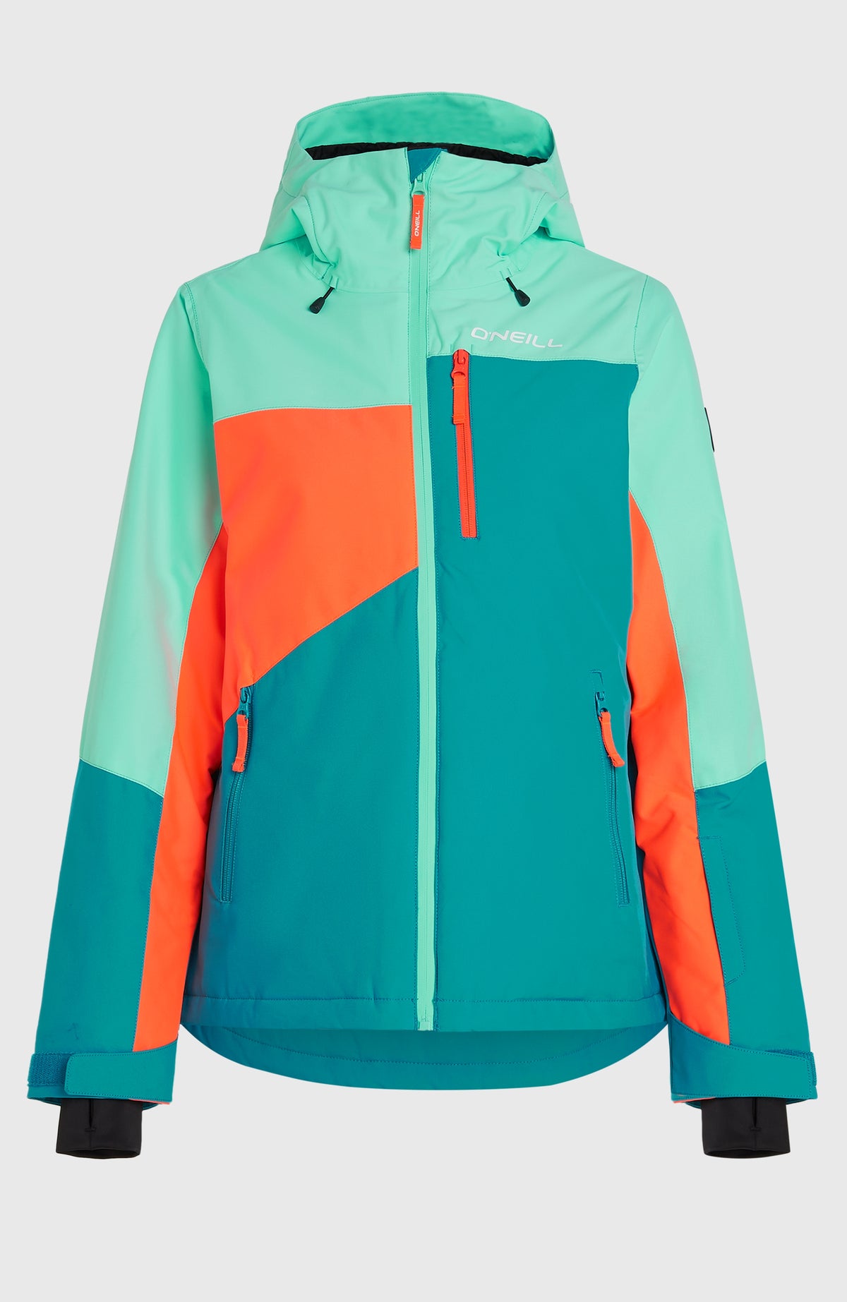 FWC'Cruz Triple Skijacke für Damen, grün, freigestellt von vorne mit Kapuze und Brusttasche mit Reißverschluss