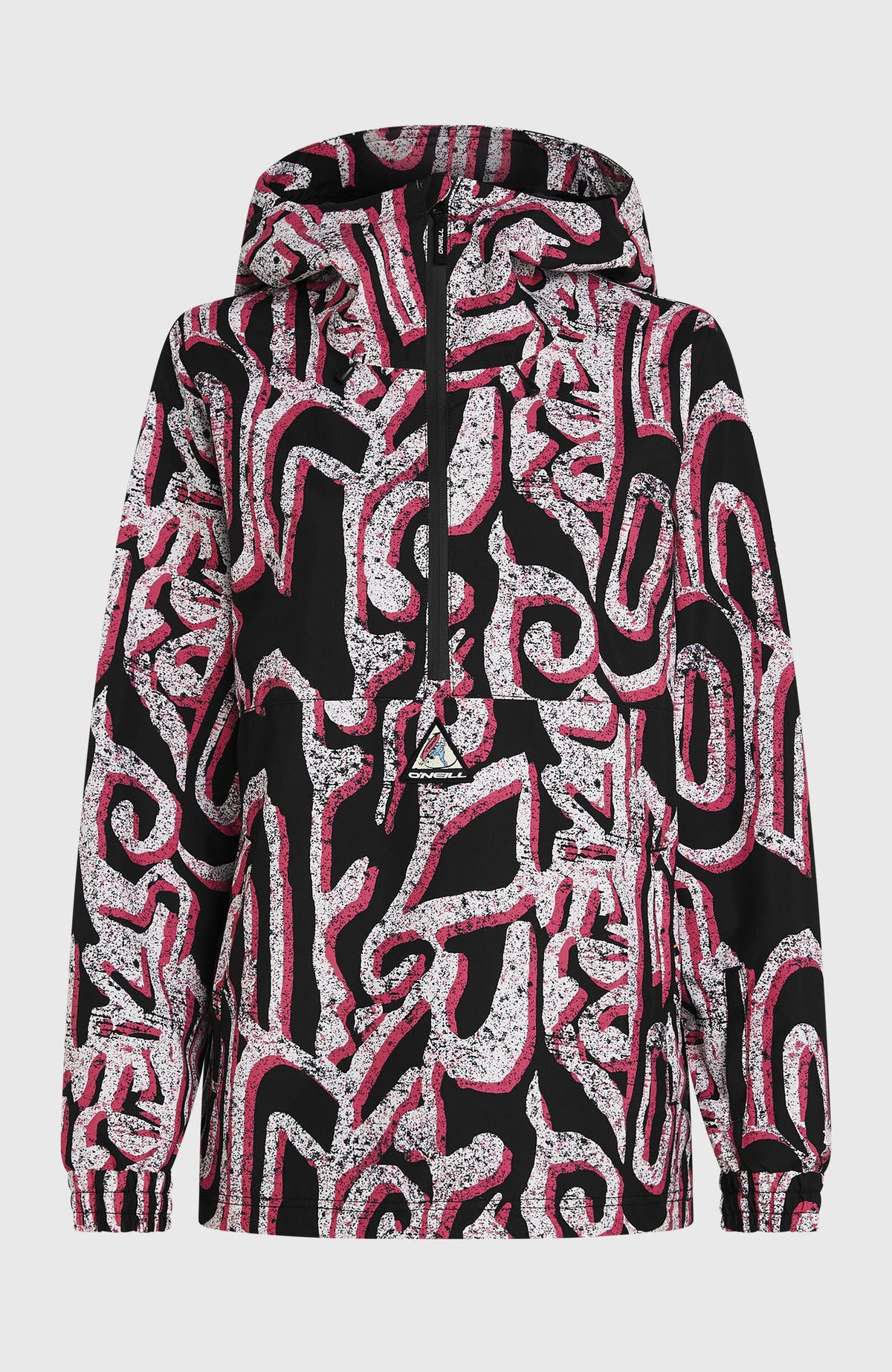 FWC'Play Park Ski- und Snowboardjacke für Damen, weiß mit Grafikmuster in Schwarz und Pink, freigestellt von vorne