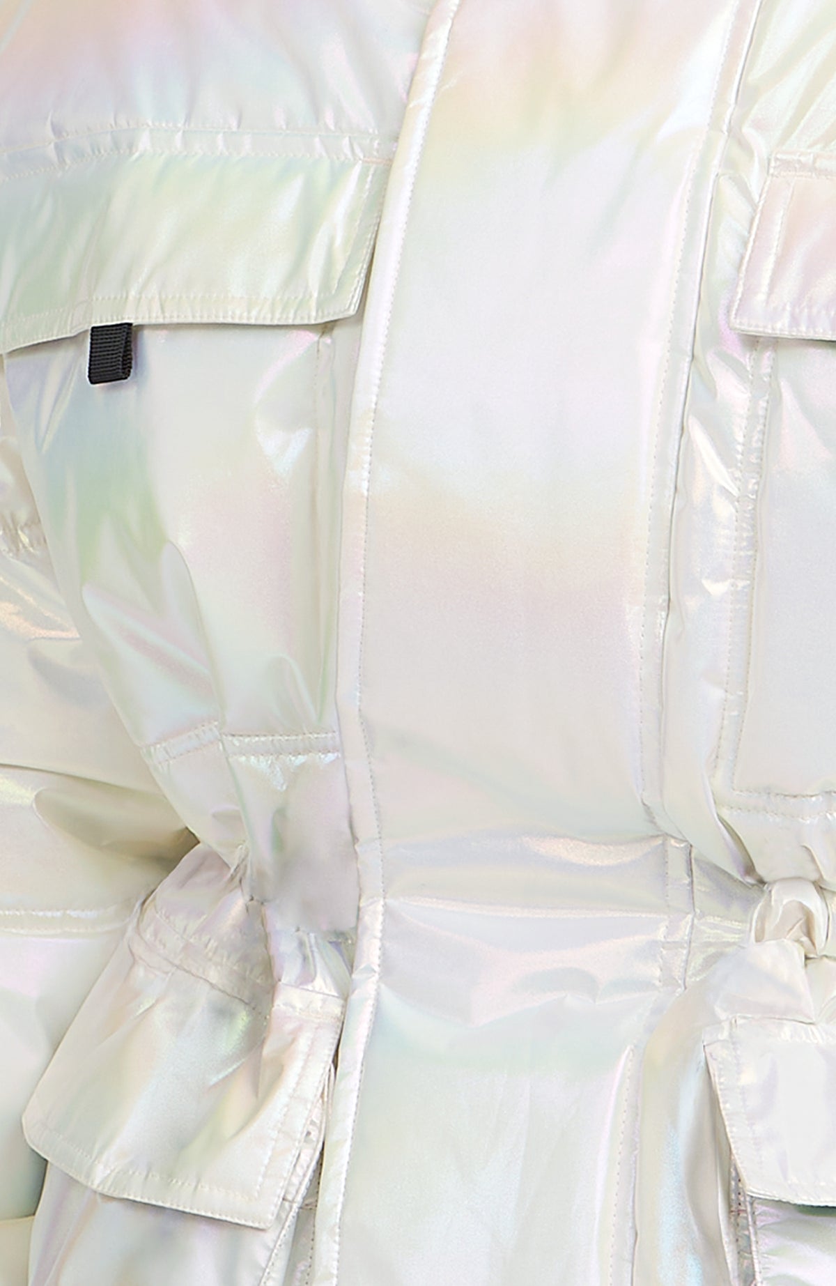 Weiße FWC'Cruz Hybrid-Skijacke für Damen, Nahaufnahme der Steppung und Klappentasche
