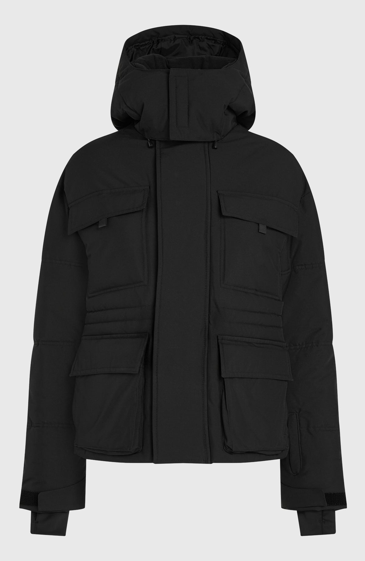 FWC'Cruz Hybrid-Skijacke für Damen, schwarz, freigestellt von vorne mit Kapuze und aufgesetzten Pattentaschen