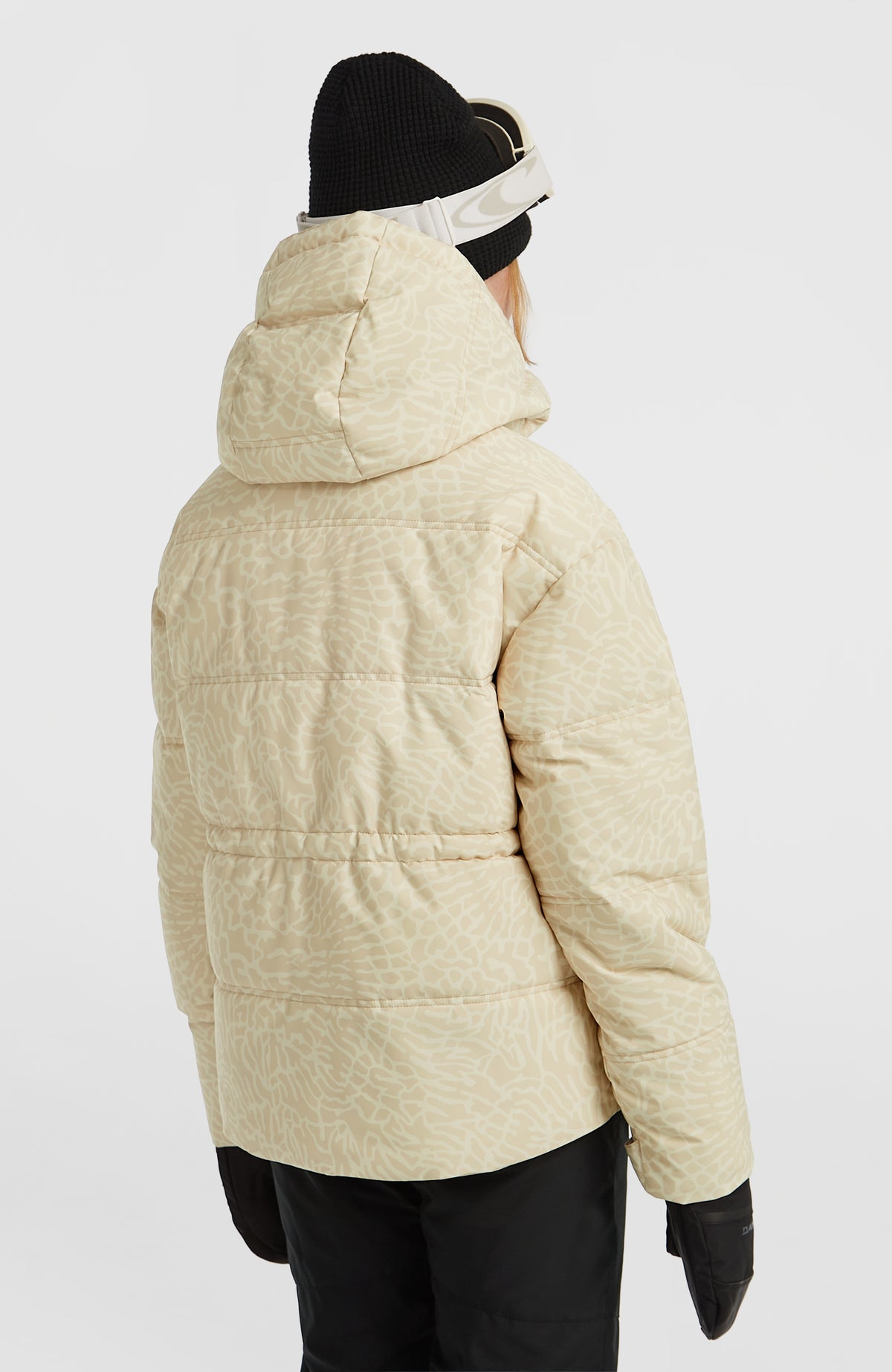 FWC'Cruz Hybrid-Skijacke für Damen, beige mit Tiermuster in Cremeweiß, Rückansicht mit Kapuze