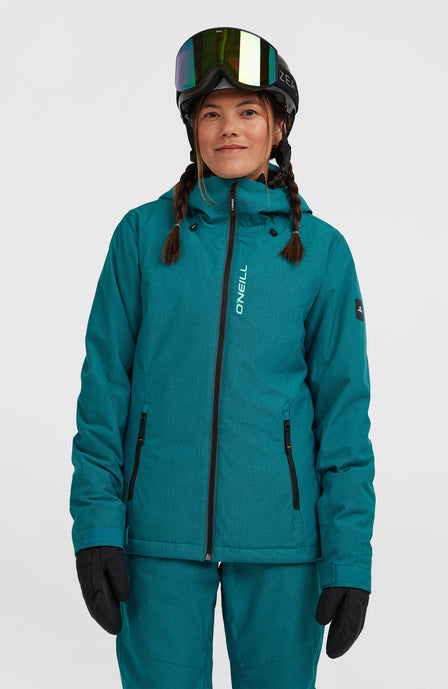 O'Neill FWC'Cruz Melange Skijacke für Damen, blau, Vorderansicht getragen am Model mit geschlossener Kapuze