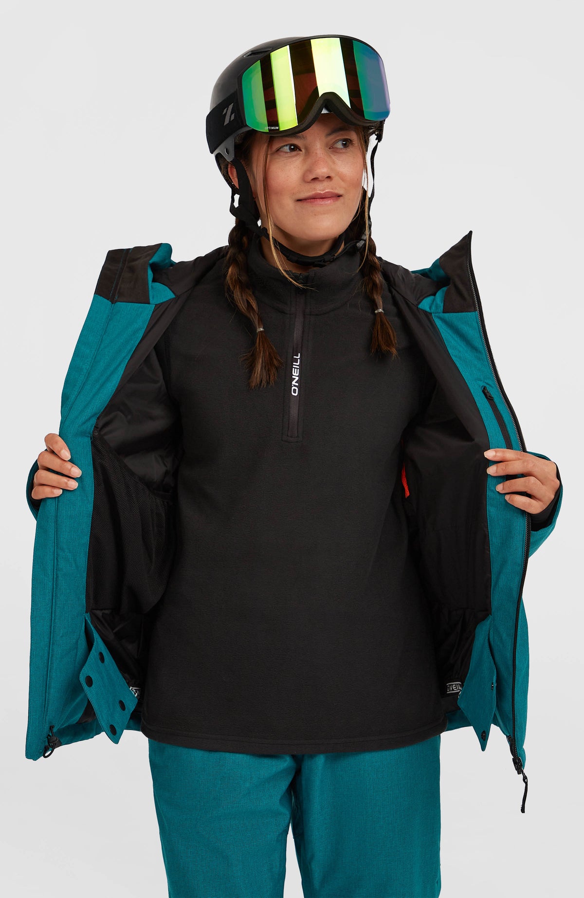 FWC'Cruz Melange Skijacke für Damen, blau, Vorderansicht am Model, geöffnet mit sichtbarem Innenfutter