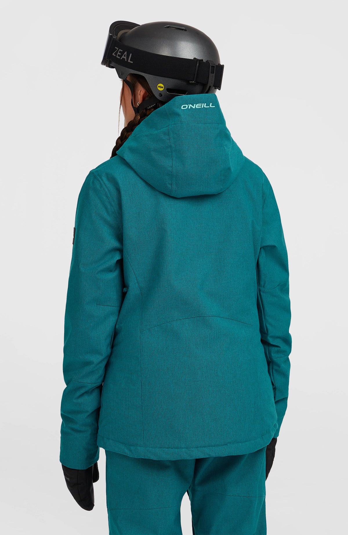 FWC'Cruz Melange Skijacke für Damen, blau, Rückansicht am Model mit Kapuze und dezentem Logo-Schriftzug