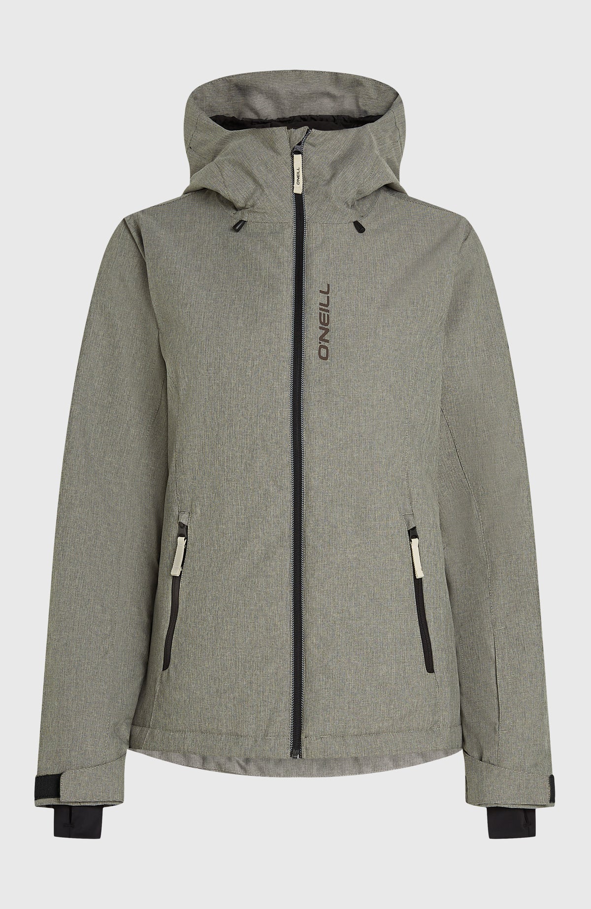 FWC'Cruz Melange Skijacke für Damen, beige, freigestellt von vorne mit Reißverschluss und Seitentaschen