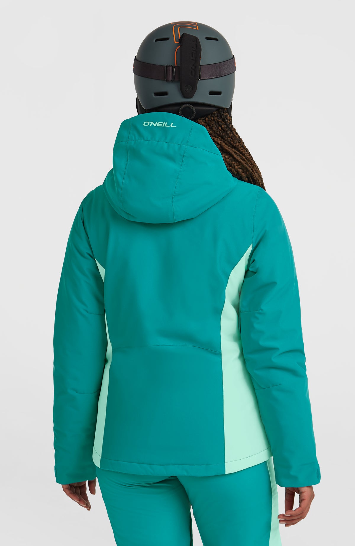 FWC'Cruz Duo Skijacke für Damen, blau, Rückansicht am Model mit Kapuze und Logo-Stickerei