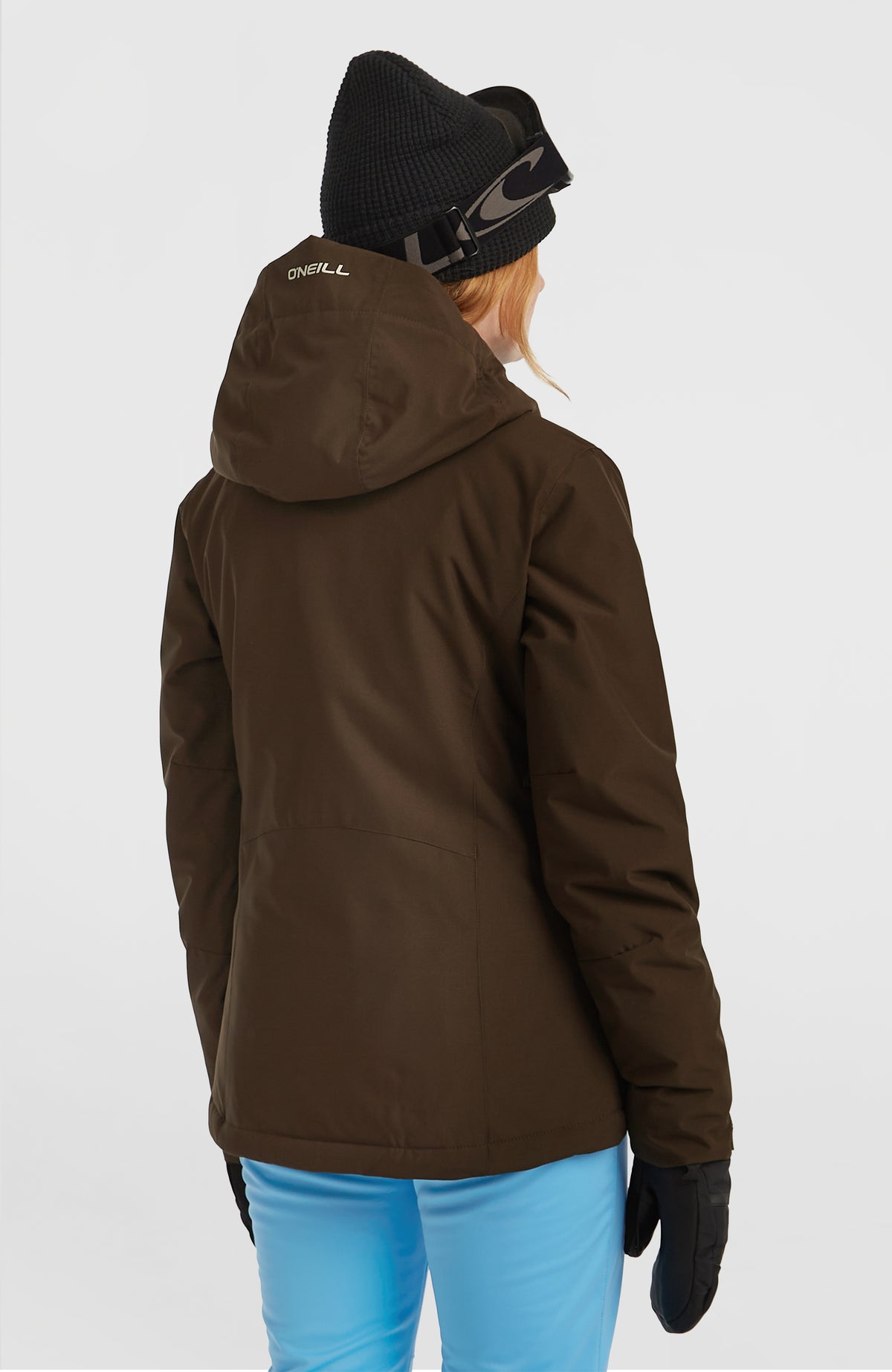FWC'Cruz Skijacke für Damen, braun, Rückansicht am Model mit Logo-Print auf der Kapuze