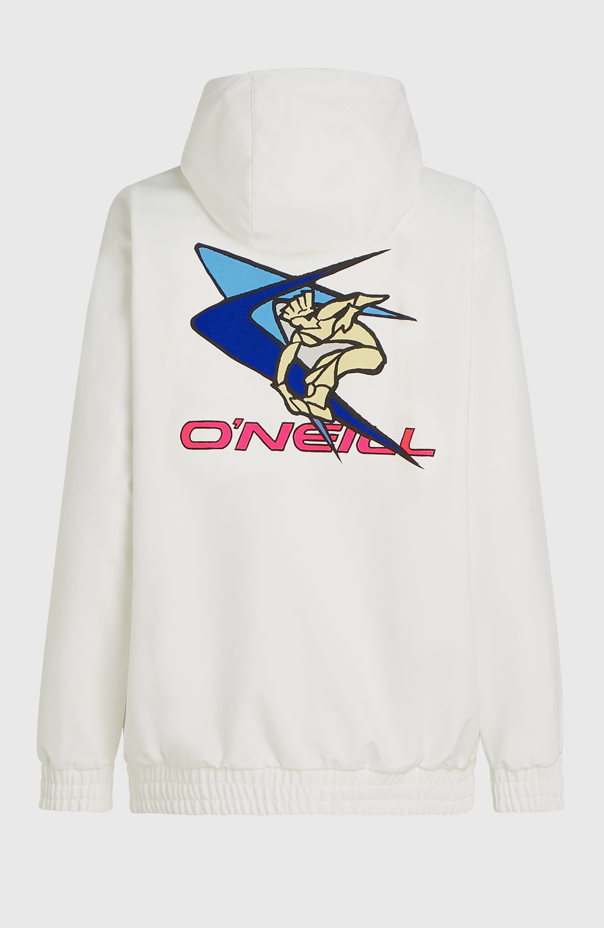 Weißer FWC'Play Softshell-Hoodie für Damen, freigestellt von hinten mit großflächigem Rückenprint