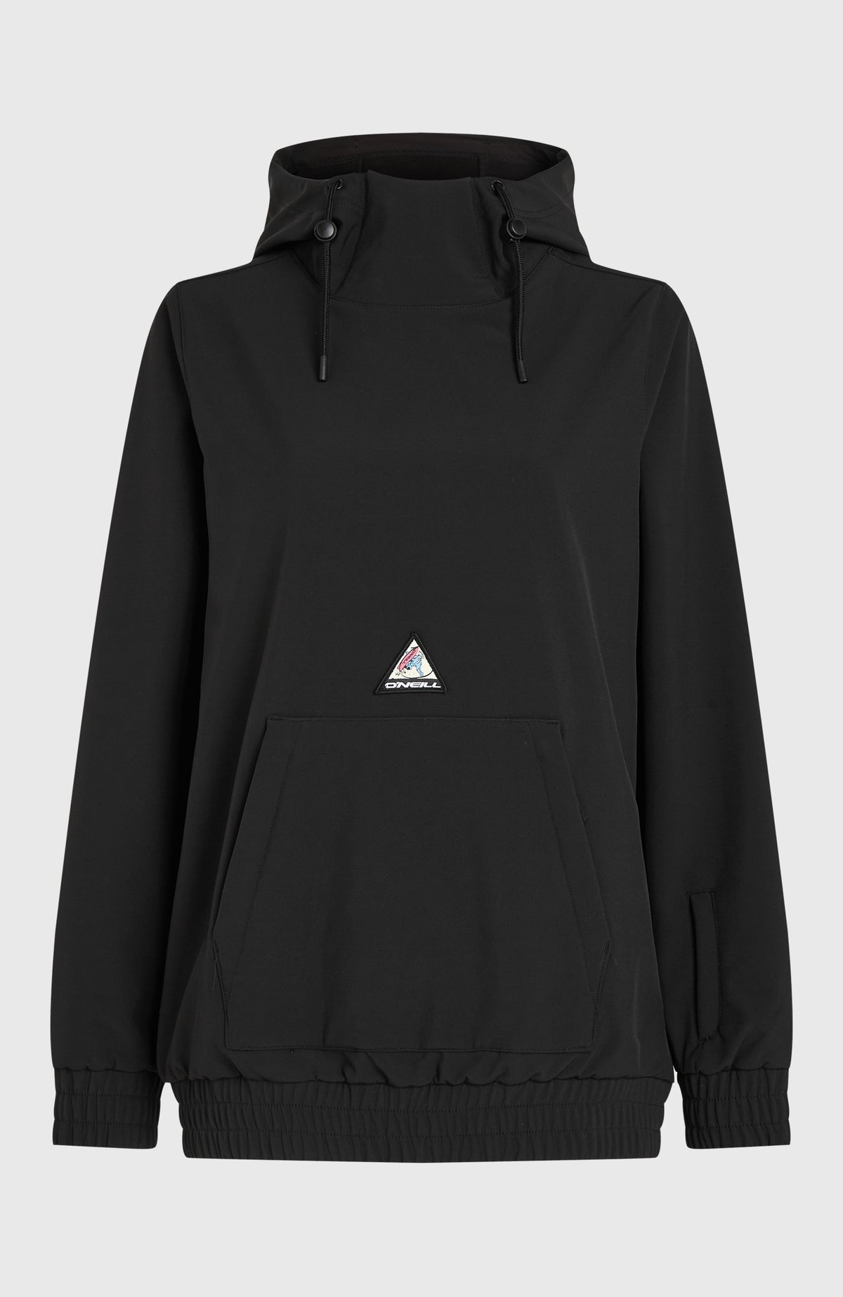 FWC'Play Softshell-Hoodie für Damen, schwarz, freigestellt von vorne mit Kapuze und Kängurutasche