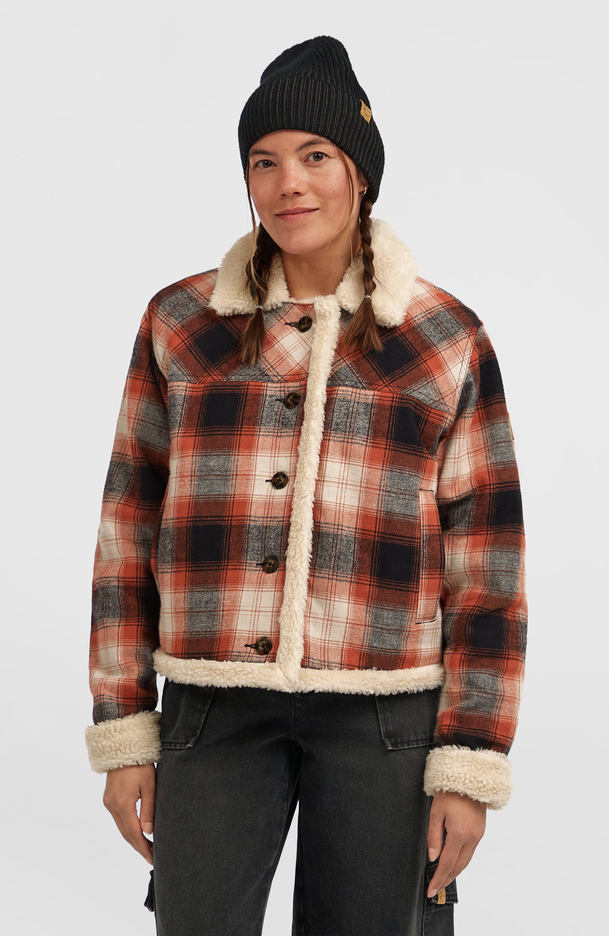O'Neill O'Riginals Jacke mit Fleecefutter für Damen, rot mit Karomuster in Schwarz und Cremeweiß, Vorderansicht