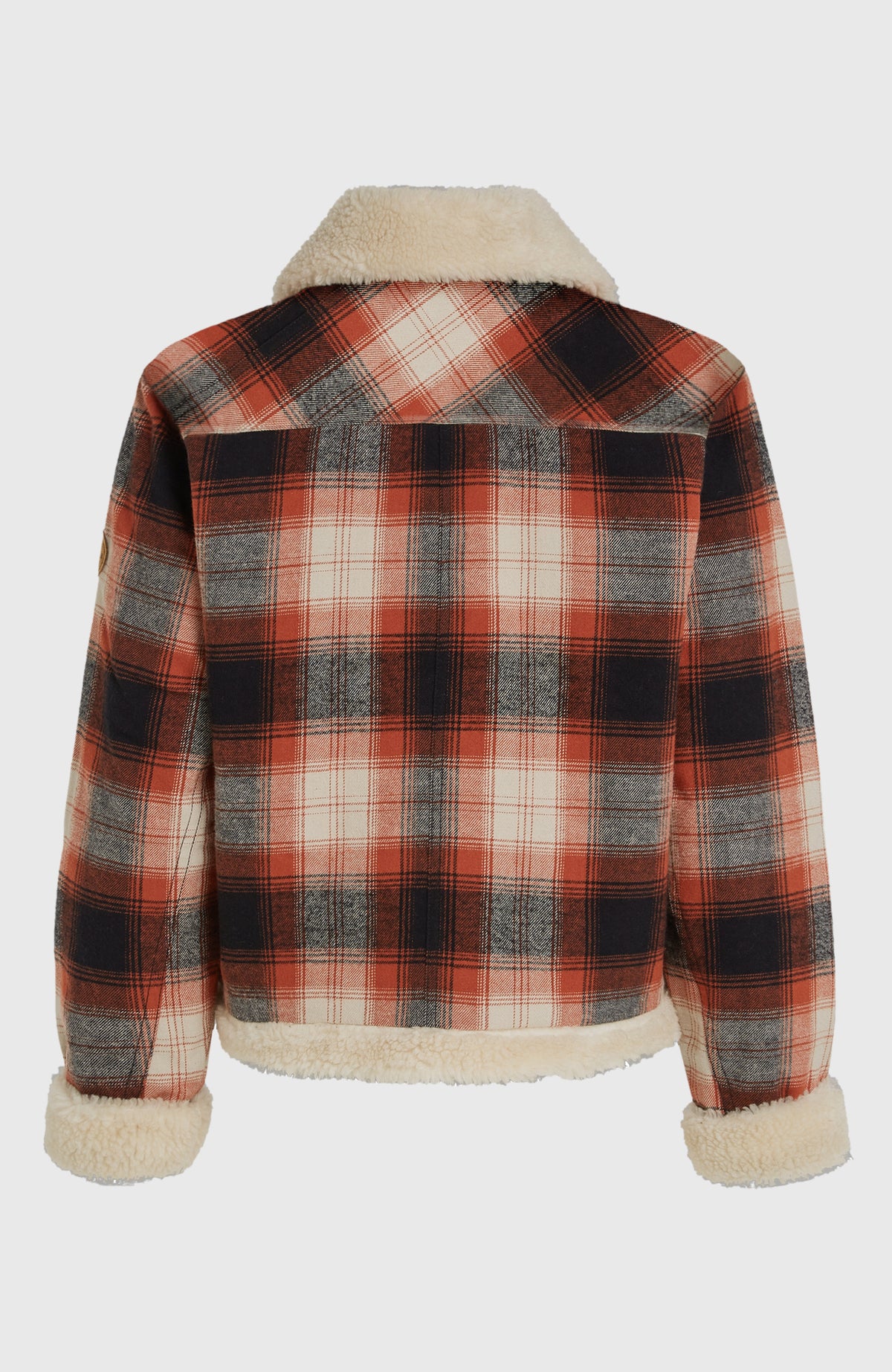 O'Riginals Jacke mit Fleecefutter für Damen, rot mit Karomuster in Schwarz und Cremeweiß, freigestellt von hinten