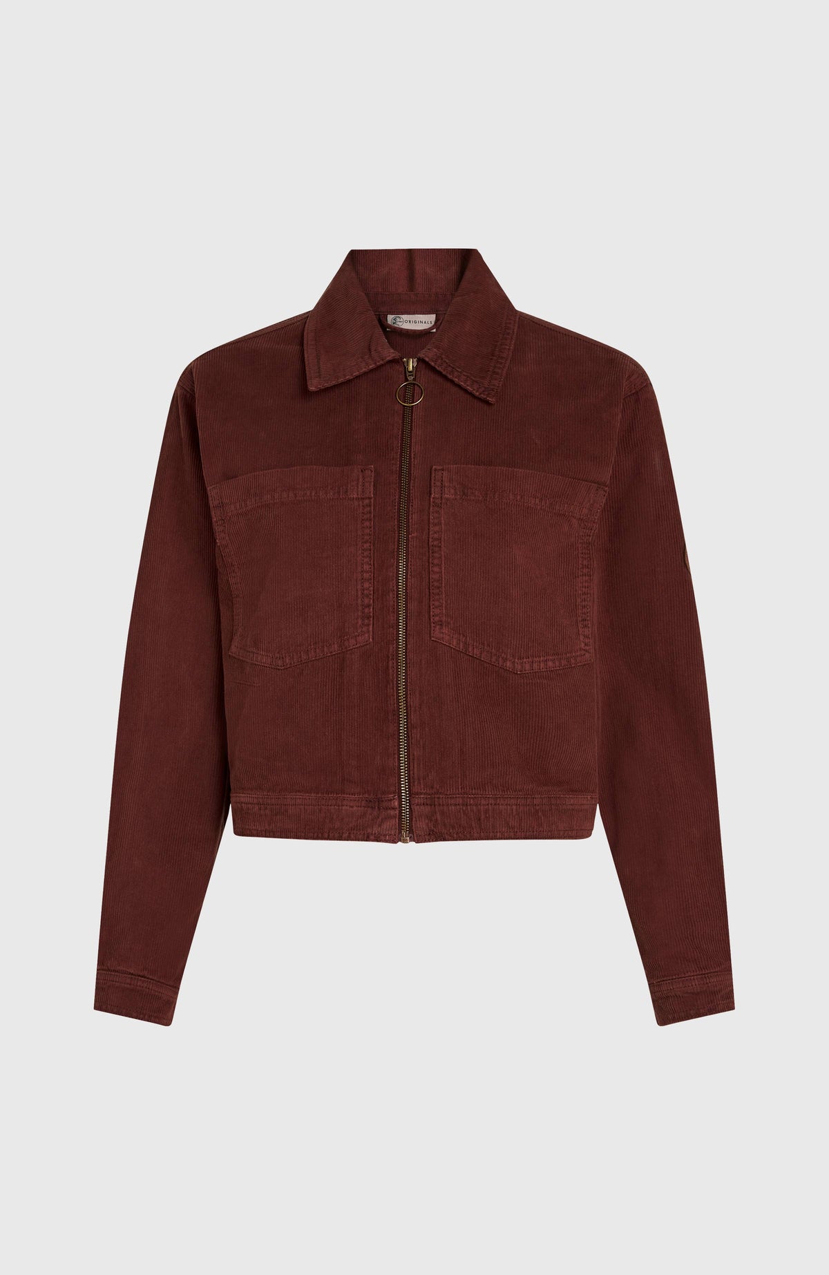 Braune O'Riginals Cordjacke für Damen mit aufgesetzten Brusttaschen, freigestellt von vorne