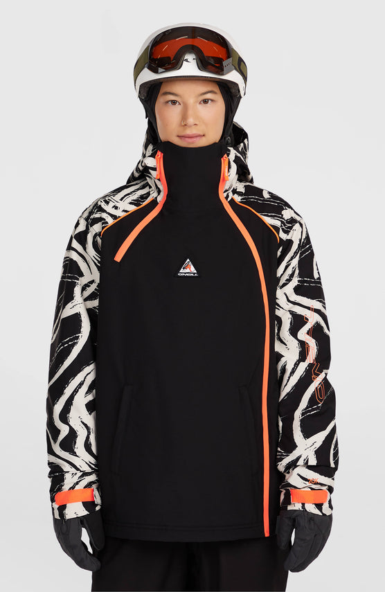 O'Neill FWC'Play Asymmetric Ski- und Snowboardjacke für Damen, weiß mit Grafikmuster in Schwarz, Vorderansicht