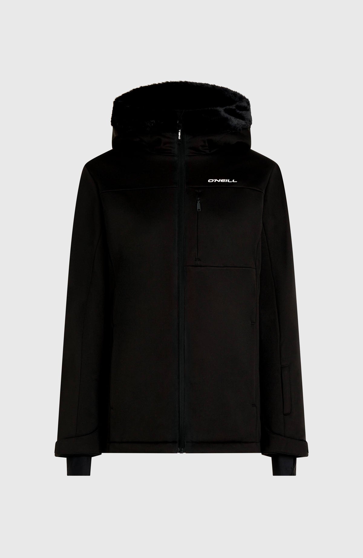 FWC'Cruz Softshell-Skijacke für Damen, schwarz, freigestellt von vorne mit Reißverschlusstaschen