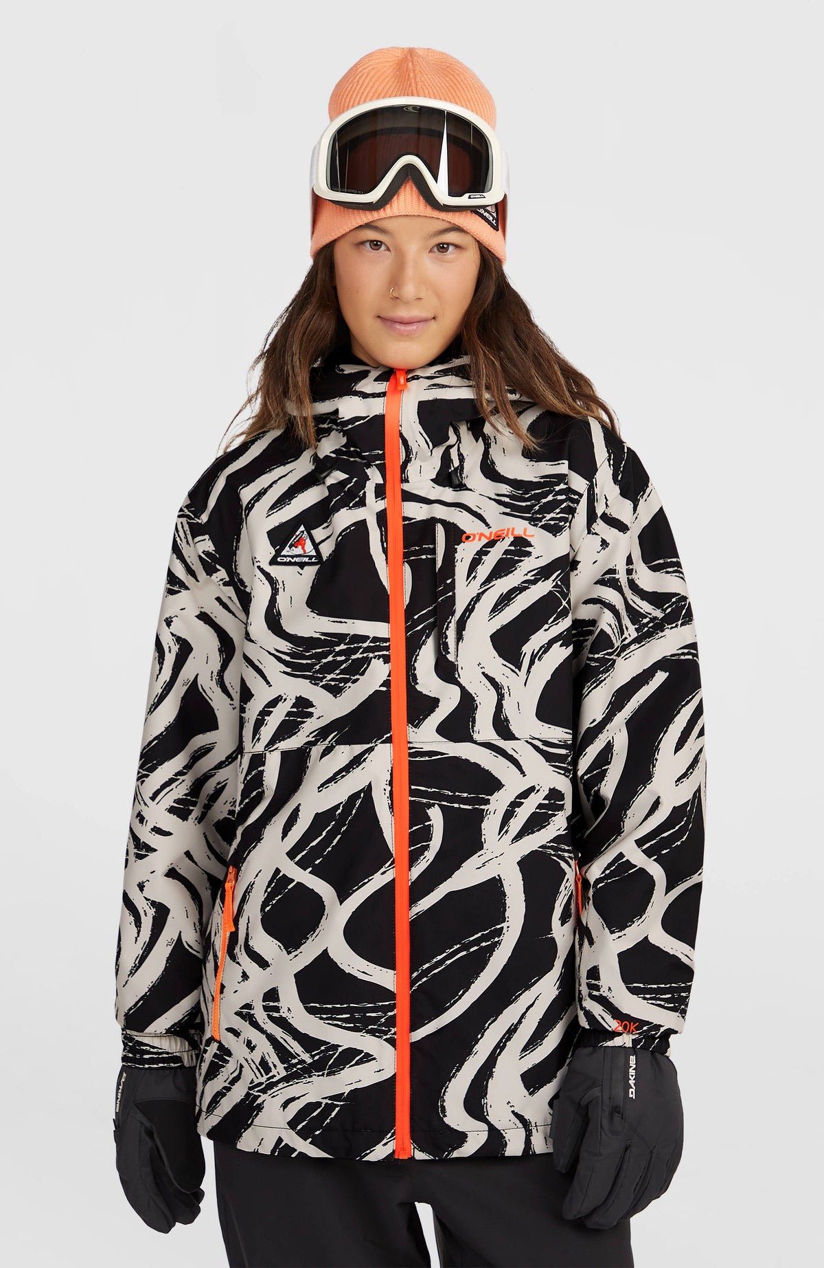 O'Neill FWC'Play Park Ski- und Snowboardjacke für Damen, weiß mit Linienmuster in Schwarz, Vorderansicht