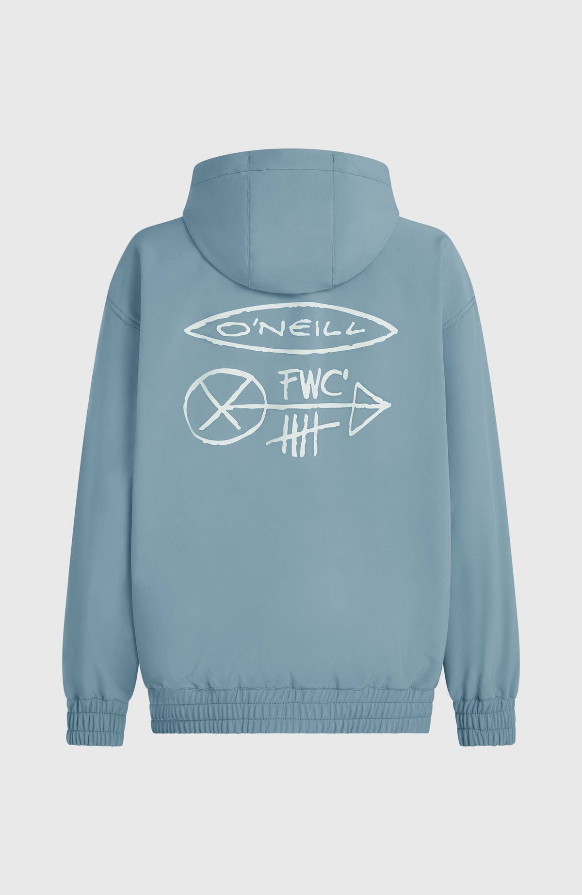 FWC'Play Softshell-Hoodie für Damen, blau mit Logo-Print in Weiß, freigestellt von hinten