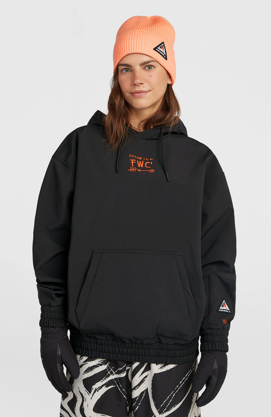O'Neill FWC'Play Softshell-Hoodie für Damen, schwarz mit Grafik-Print in Orange, Vorderansicht am Model