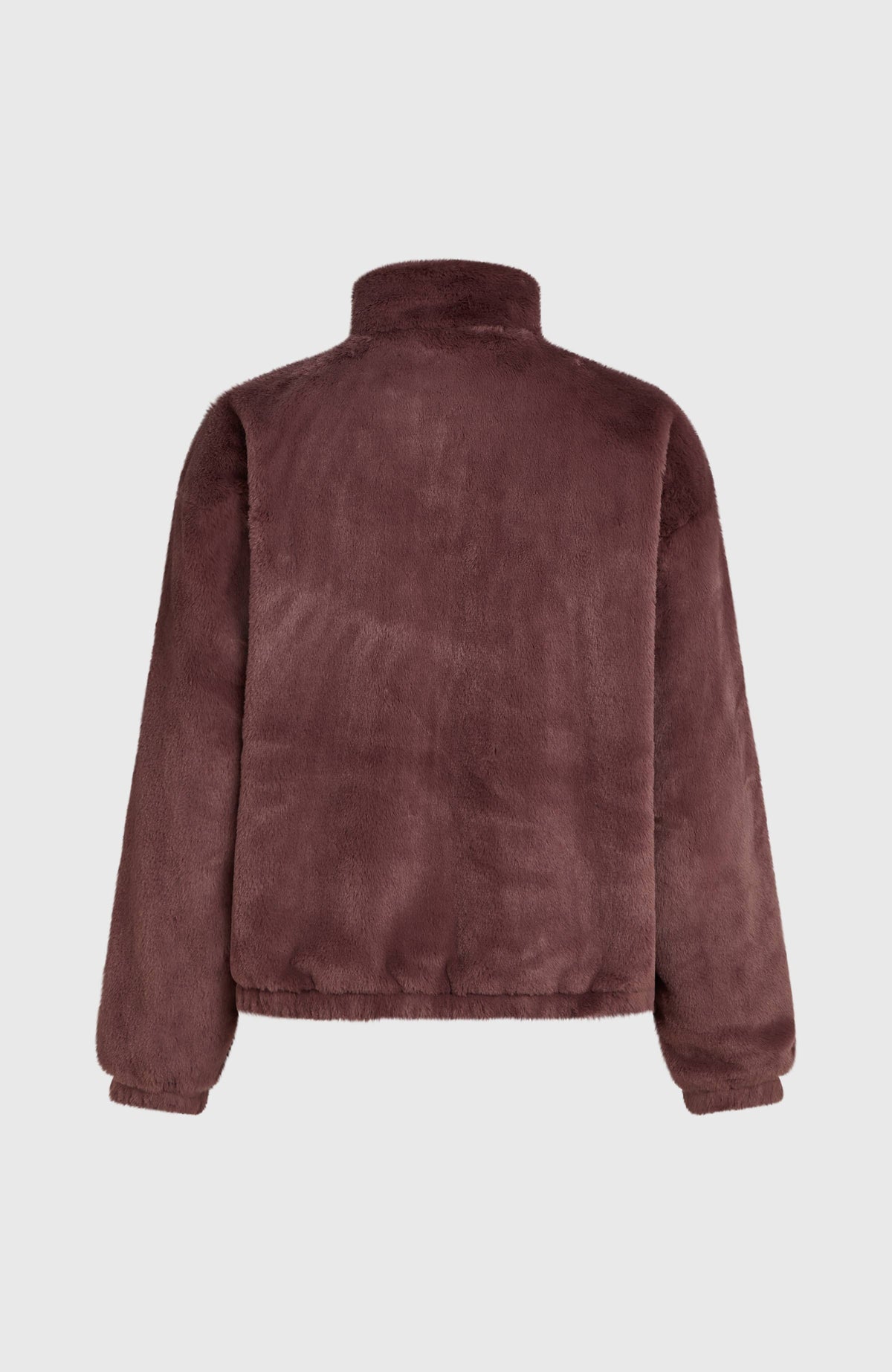Must-Have Faux Fur Jacke für Damen, lila, freigestellt von hinten mit Stehkragen und elastischem Saum
