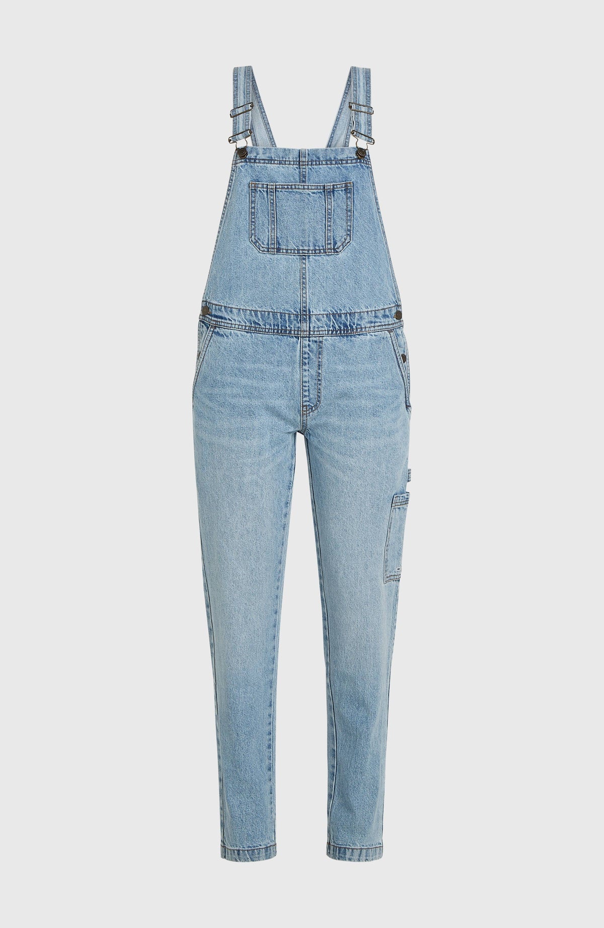 Essentials Twill-Latzhose für Damen, blau, freigestellt von vorne mit Latz- und Seitentaschen