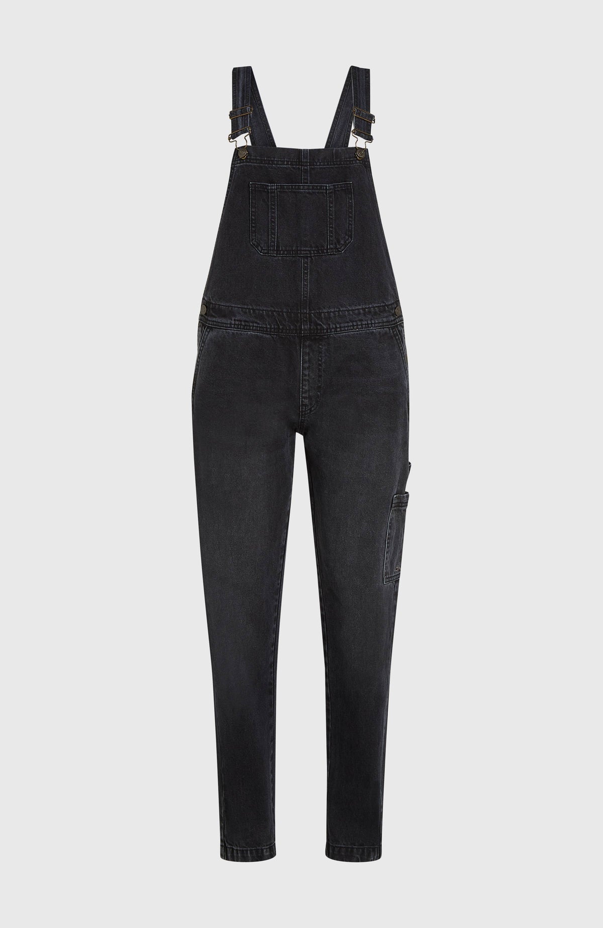 Essentials Twill-Latzhose für Damen, schwarz, freigestellt von vorne mit Brusttasche