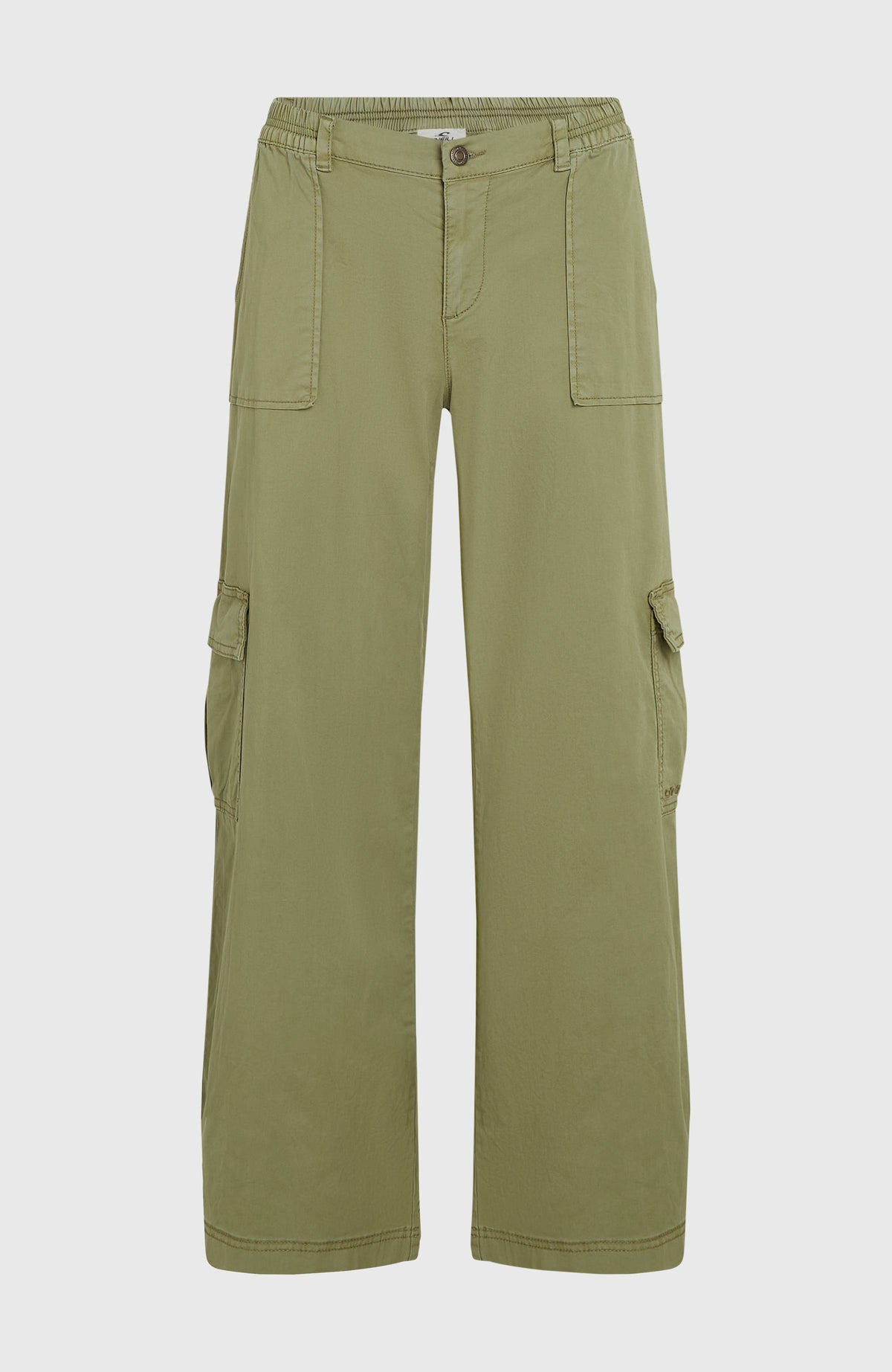 Brexton Cargohose für Damen, grün, freigestellt von vorne mit weitem Schnitt und Cargotaschen