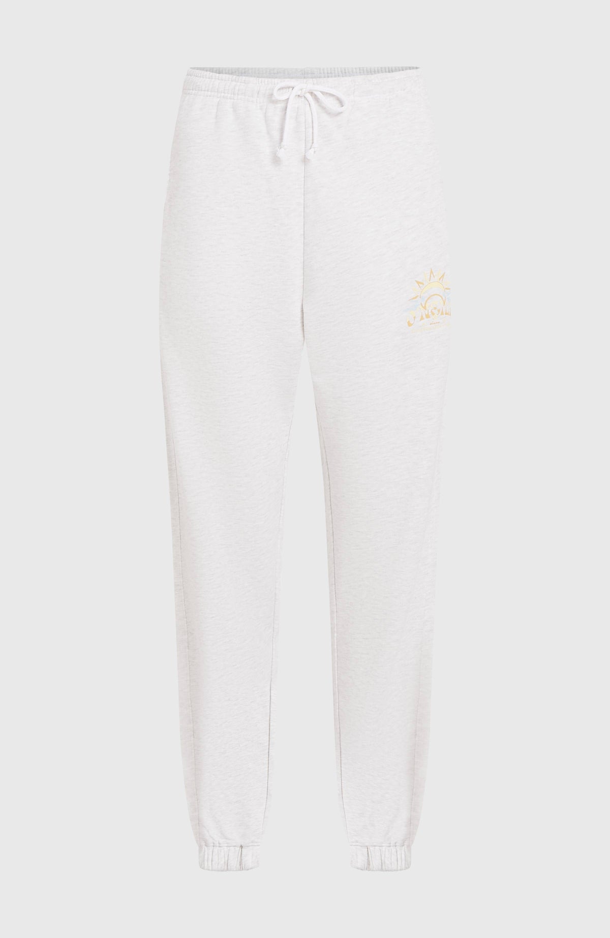 Beach Vintage Jogginghose für Damen, weiß mit Grafik-Print in Gelb, freigestellt von vorne, Kordelzug am Bund
