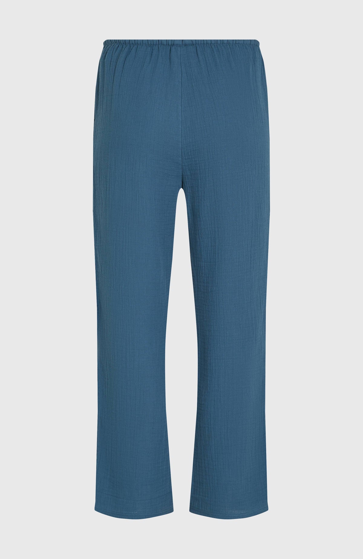 Blaue Brenda Hose für Damen, flach liegend von hinten mit gerafftem elastischem Bund