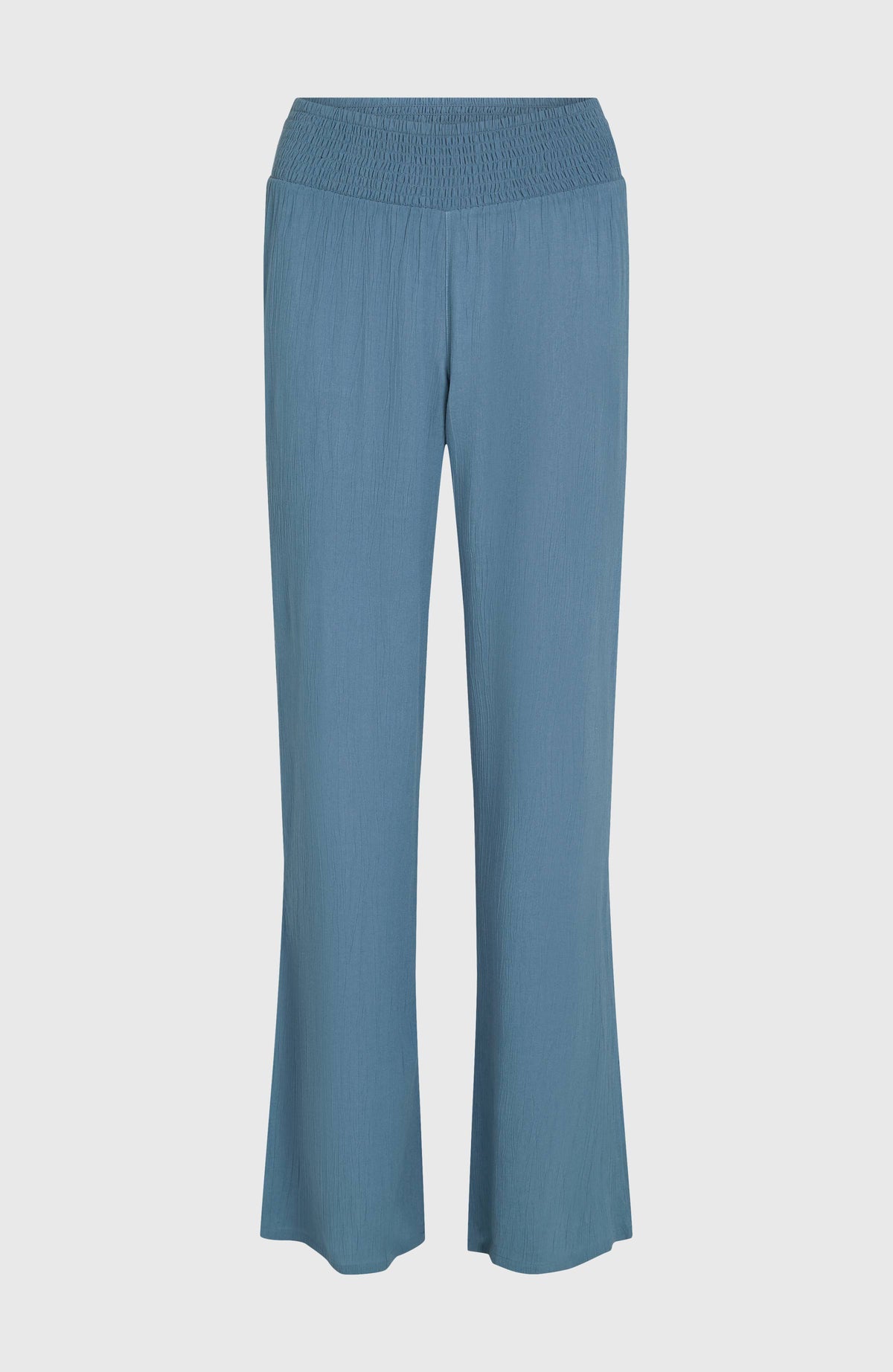 Blaue Johnny Smocked Waist Hose für Damen, freigestellt von vorne mit elastischem Smokbund