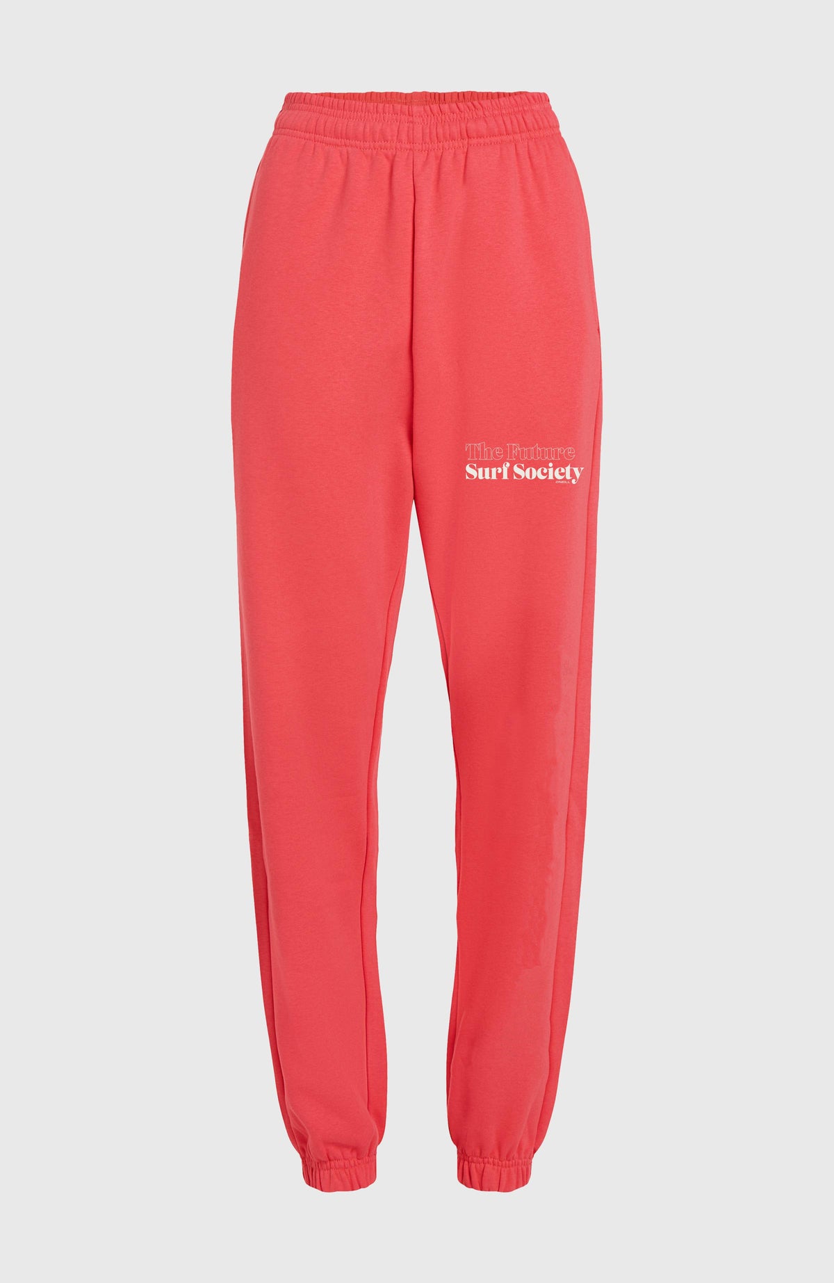 Pinke Future Surf Society Jogginghose für Damen mit Logo-Schriftzug in Weiß, freigestellt in Vorderansicht