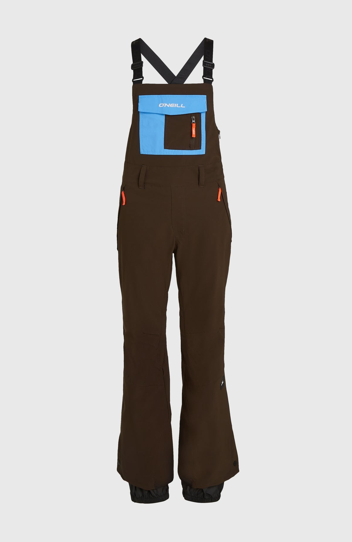 FWC'Peak Bib Skihose für Damen in Braun, freigestellt von vorne mit Latz, Trägern und Reißverschlusstaschen