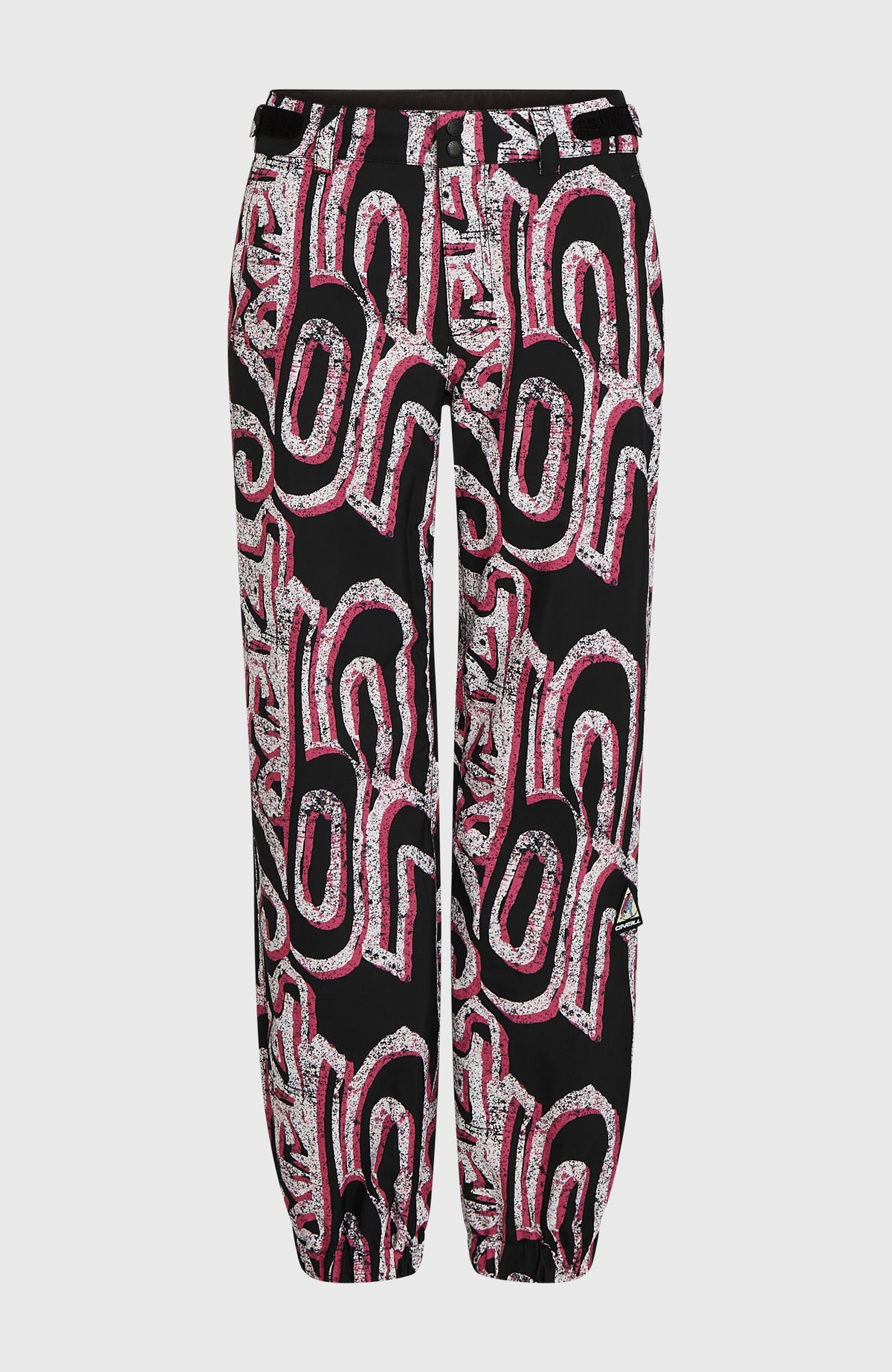 FWC'Play Ski- und Snowboardhose für Damen, weiß mit Grafikmuster in Schwarz und Pink, freigestellt von vorne