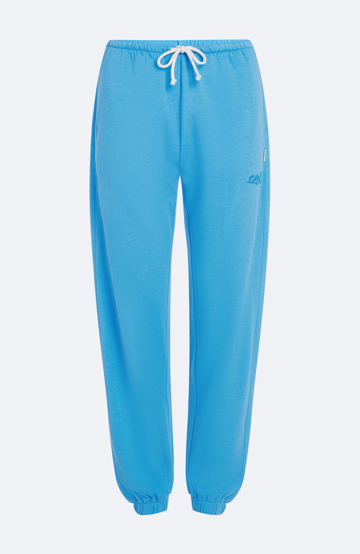 Essentials Script Jogginghose für Damen, blau, flach liegend von vorne mit elastischen Bündchen