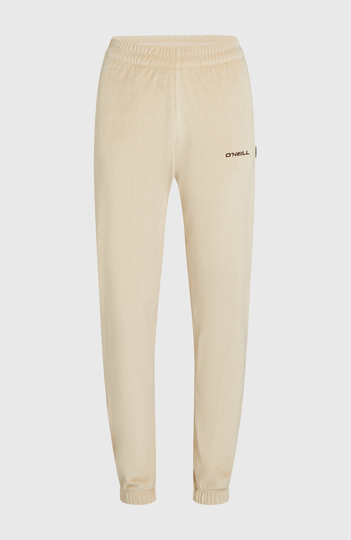FWC'Cruz Velour Jogginghose für Damen, beige, freigestellt von vorne mit elastischen Beinabschlüssen