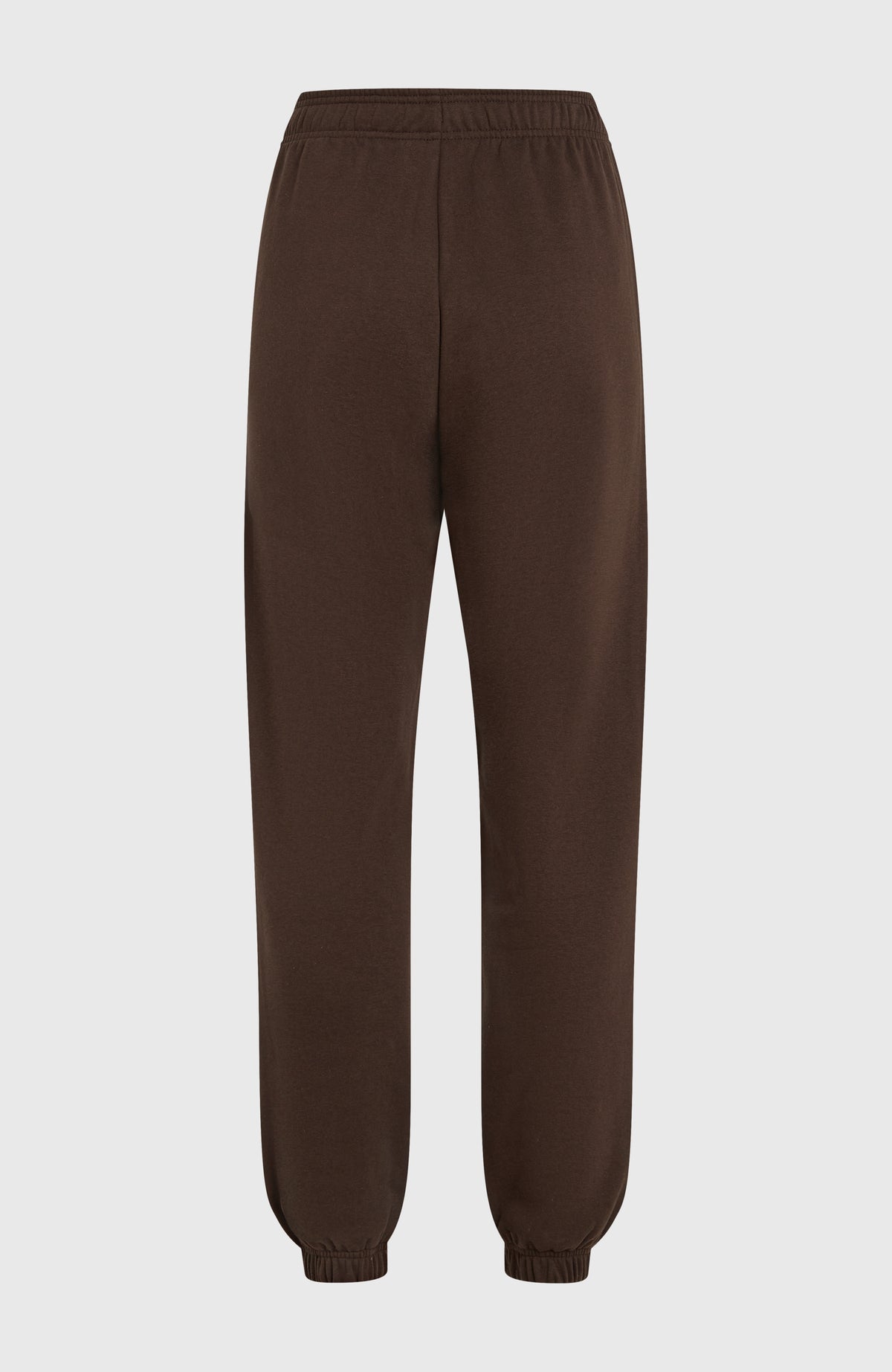 Future Surf Society Jogginghose für Damen, braun mit Logo-Print in Weiß, freigestellt von hinten mit elastischem Bund
