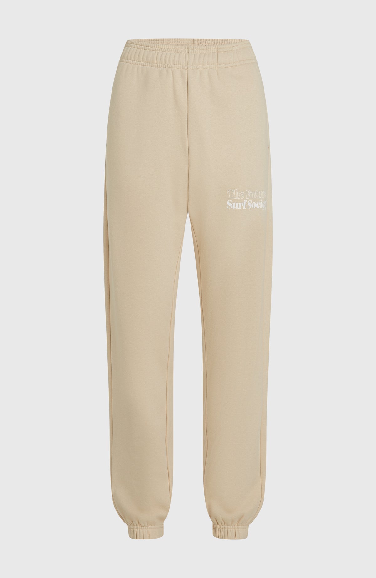 Future Surf Society Jogginghose für Damen, beige mit Logo-Print in Weiß, freigestellt von vorne