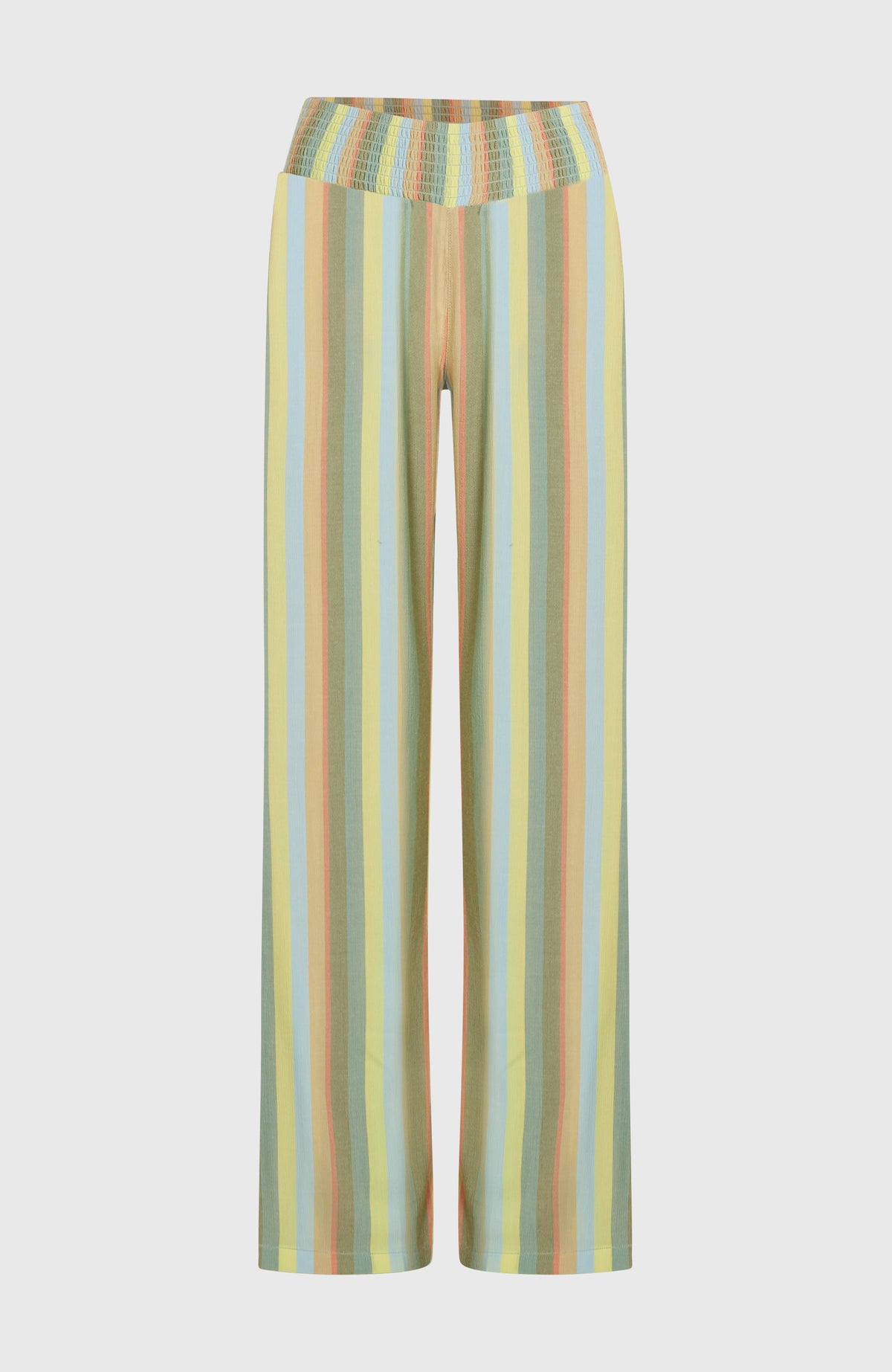 Johnny Hose mit gesmoktem Bund für Damen, gelb mit Streifenmuster in Grün und Blau, flach liegend von vorne