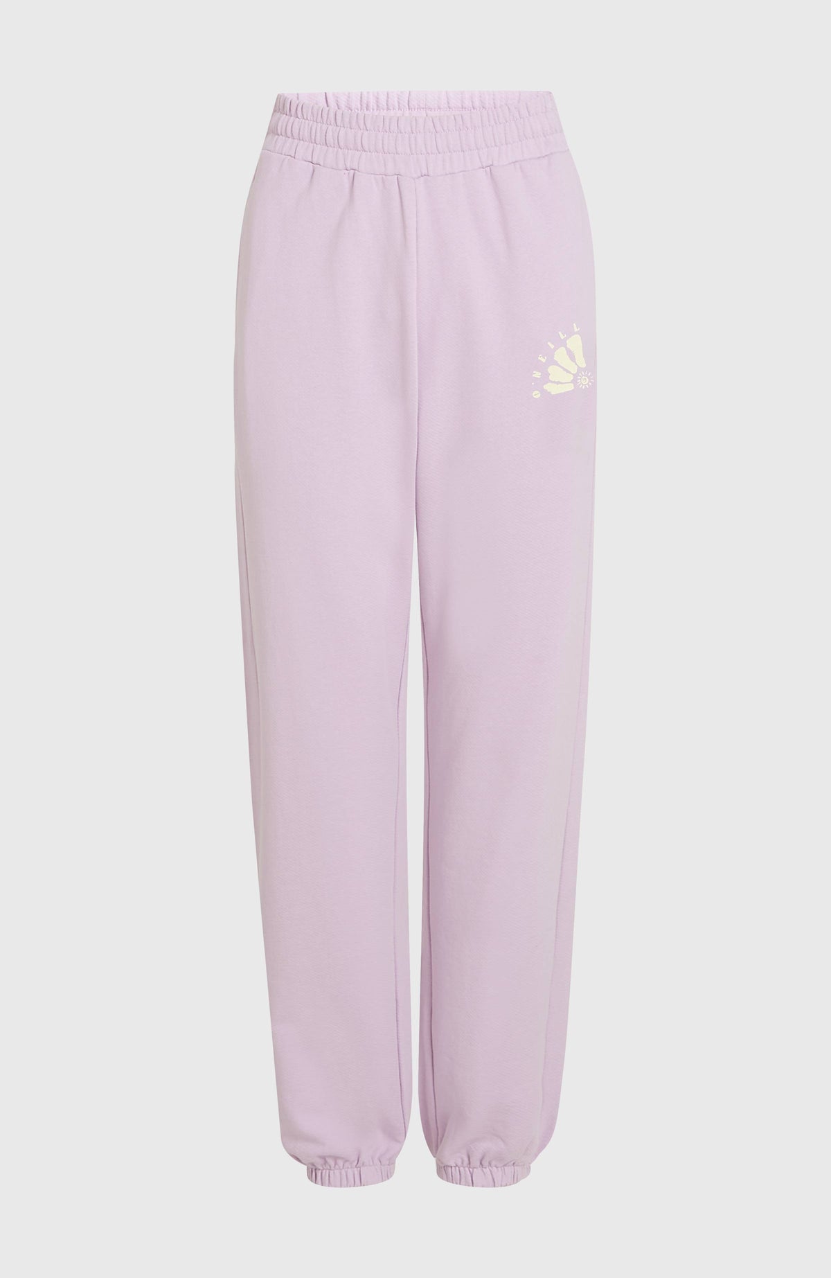 Women of the Wave Jogginghose für Damen, lila mit Logo-Print in Gelb, freigestellt von vorne, elastischer Bund