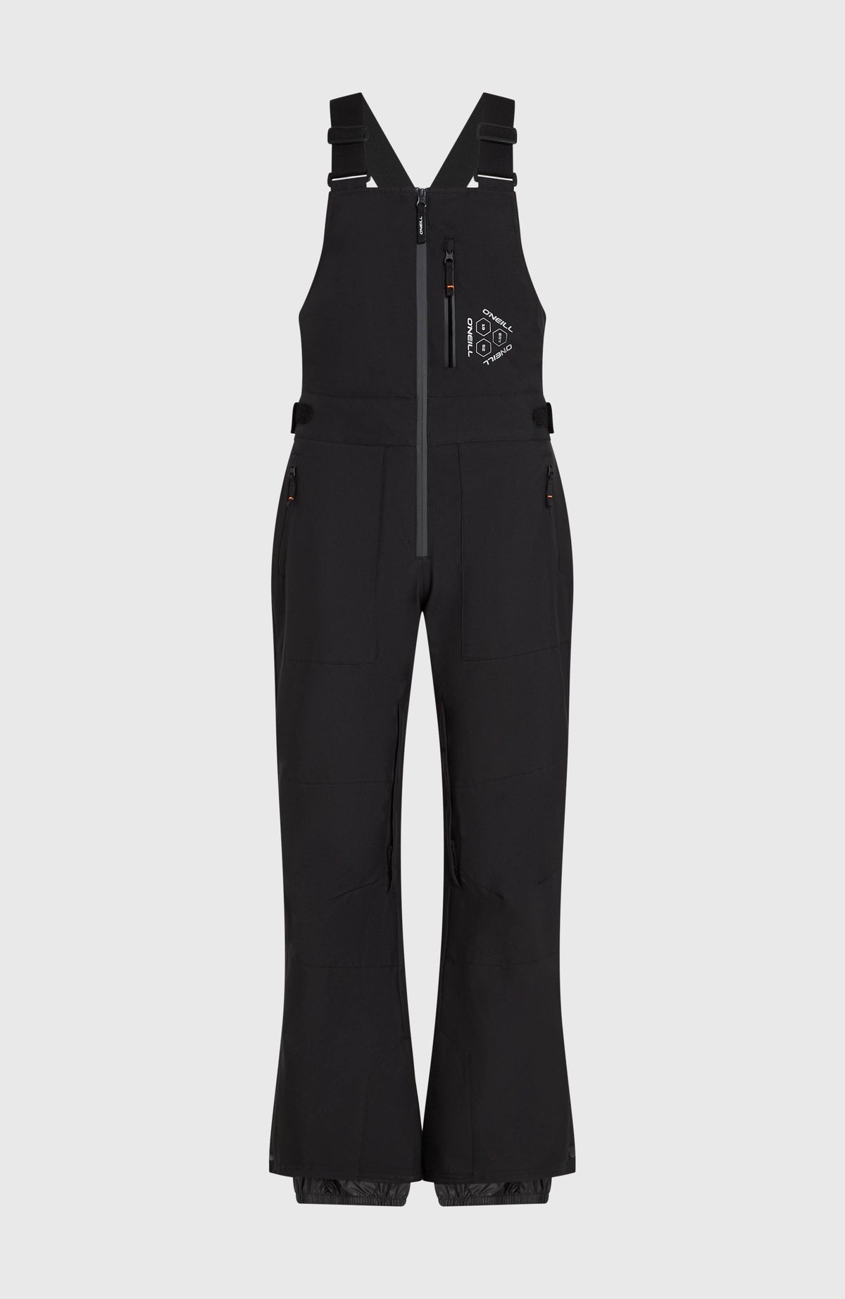 FWC'Peak Bib Skihose für Damen, schwarz, freigestellt von vorne mit Latz und Reißverschlusstaschen