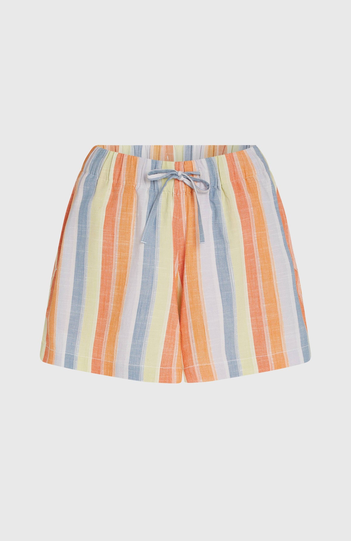 Beach Vintage Shorts für Damen, gelb mit Streifenmuster in Orange und Blau, flach liegend von vorne mit Kordelzug