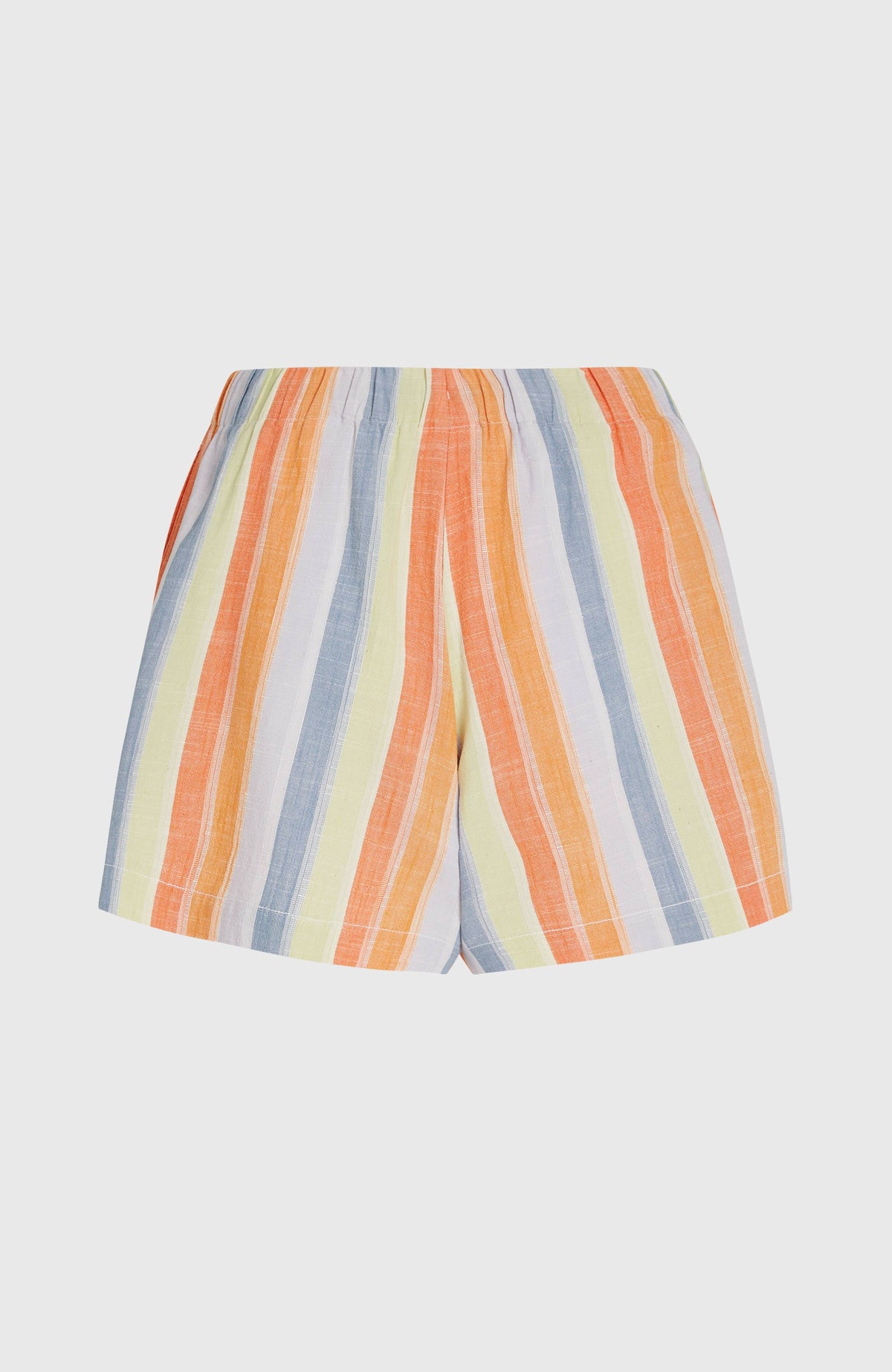 Gelbe Beach Vintage Shorts für Damen mit Streifenmuster in Orange und Blau, flach liegend in der Rückansicht